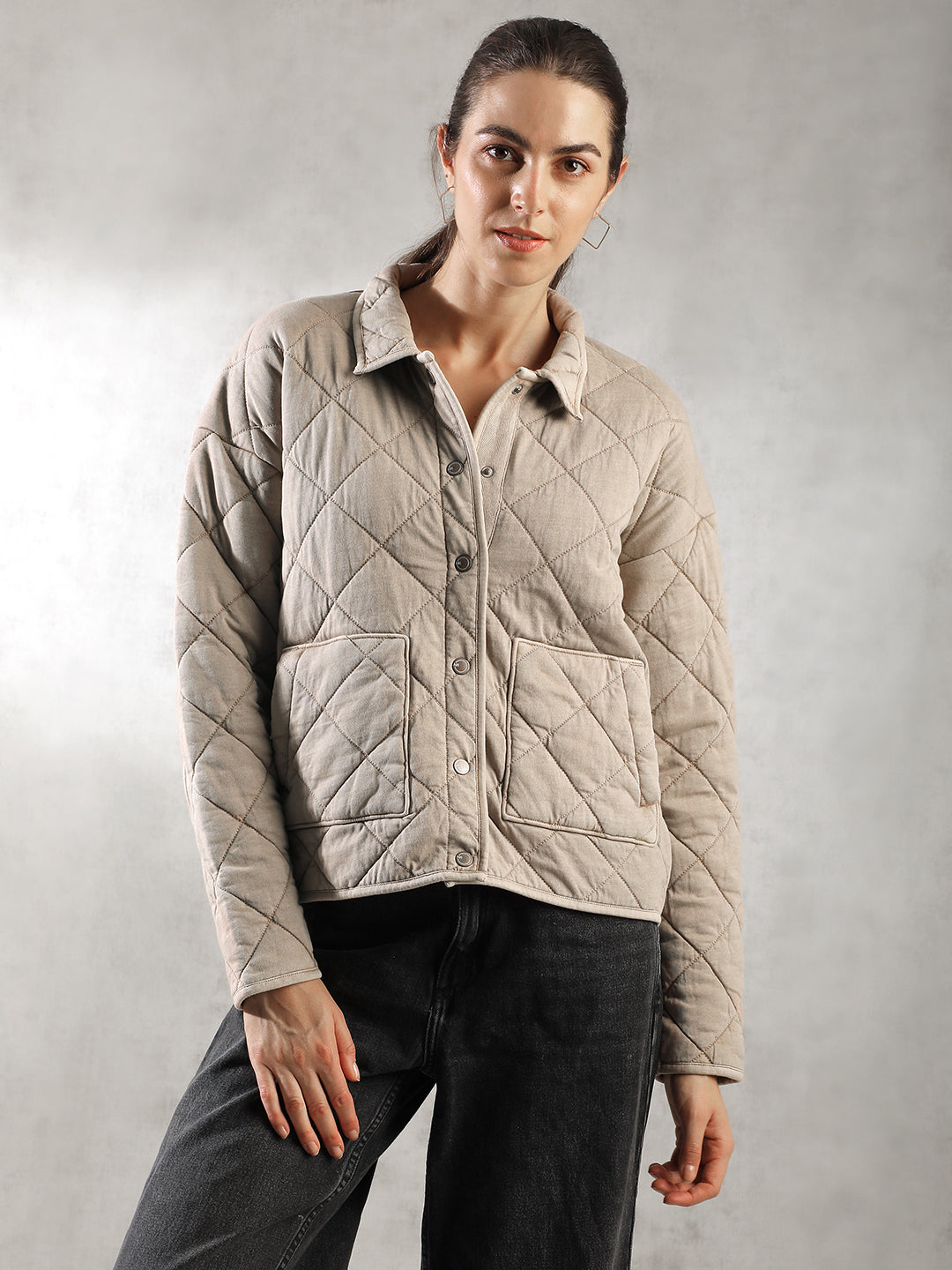 Women Khaki Comfort Fit Quilted Jacket