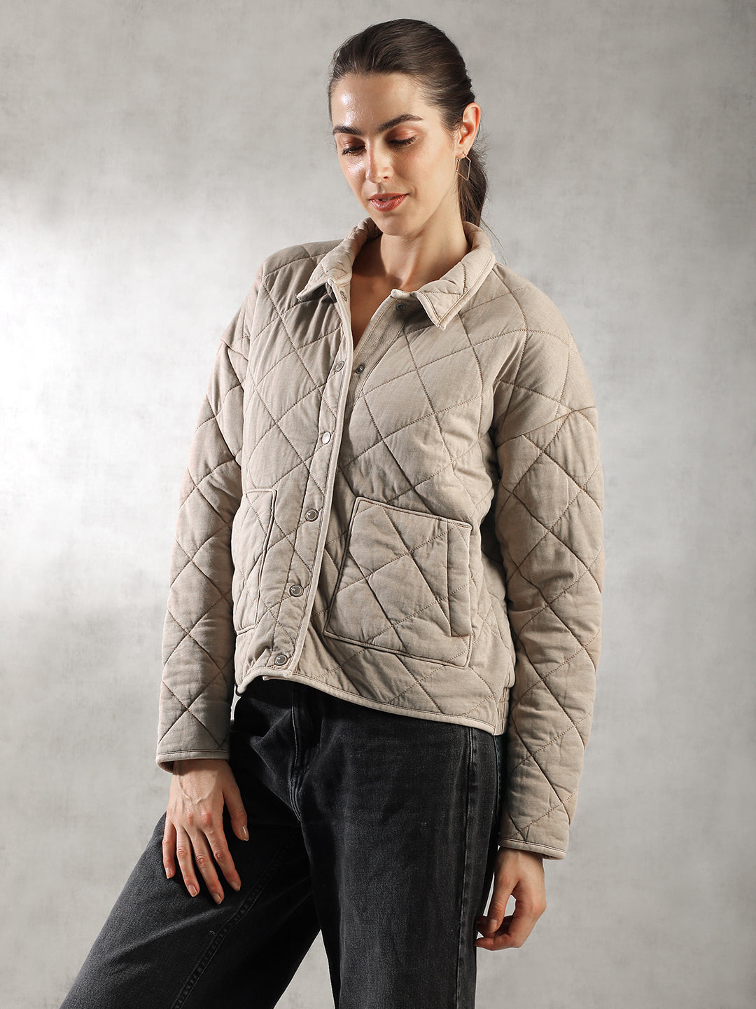 Women Khaki Comfort Fit Quilted Jacket