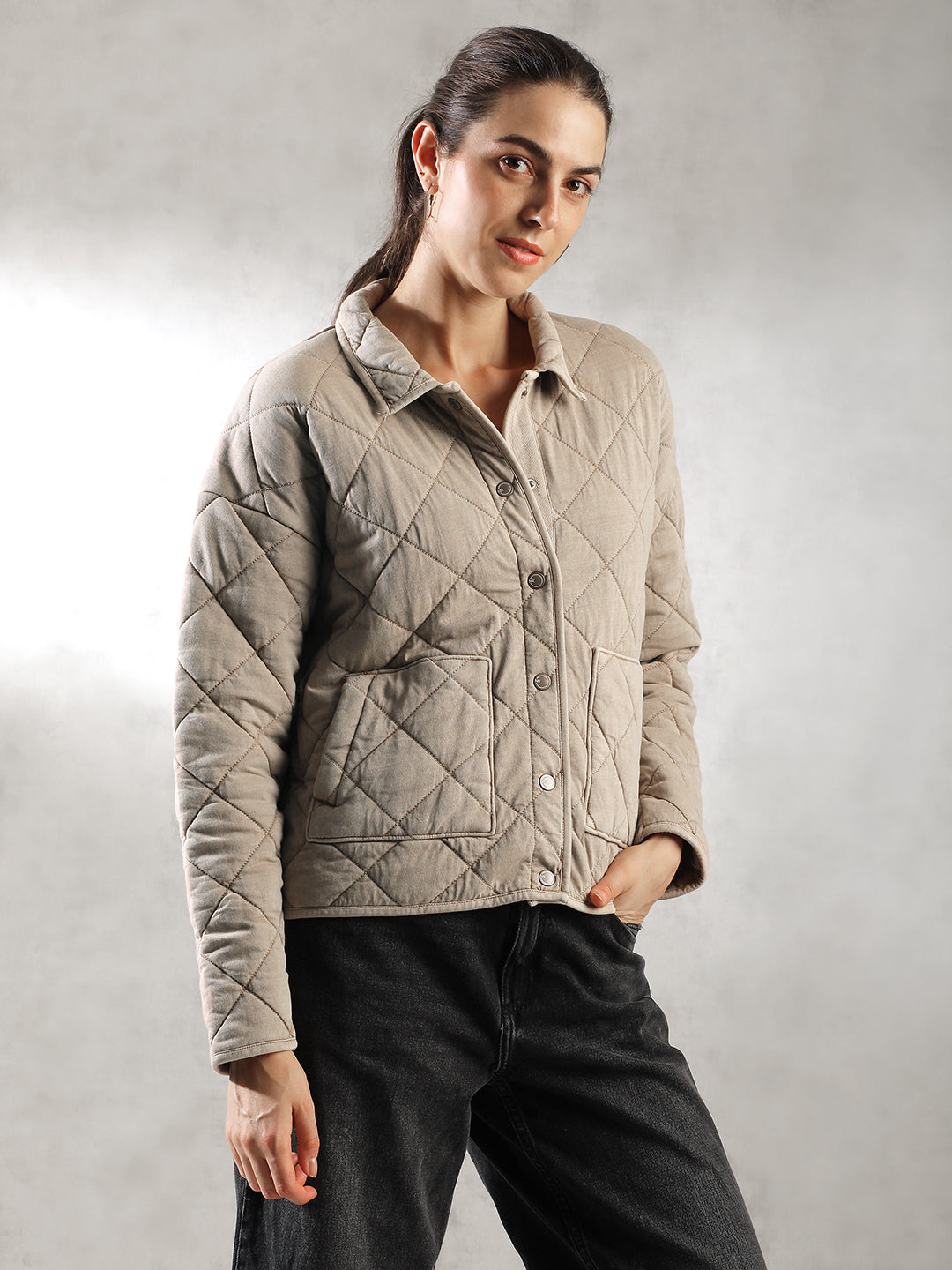 Women Khaki Comfort Fit Quilted Jacket