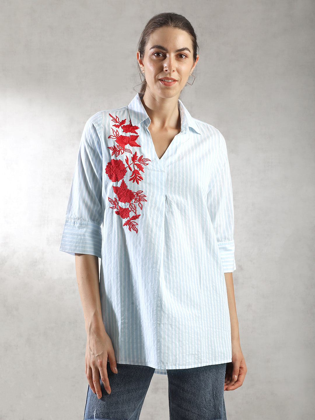 Women Blue Embroidered Shirt