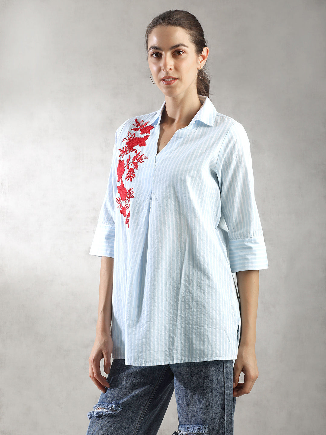 Women Blue Embroidered Shirt