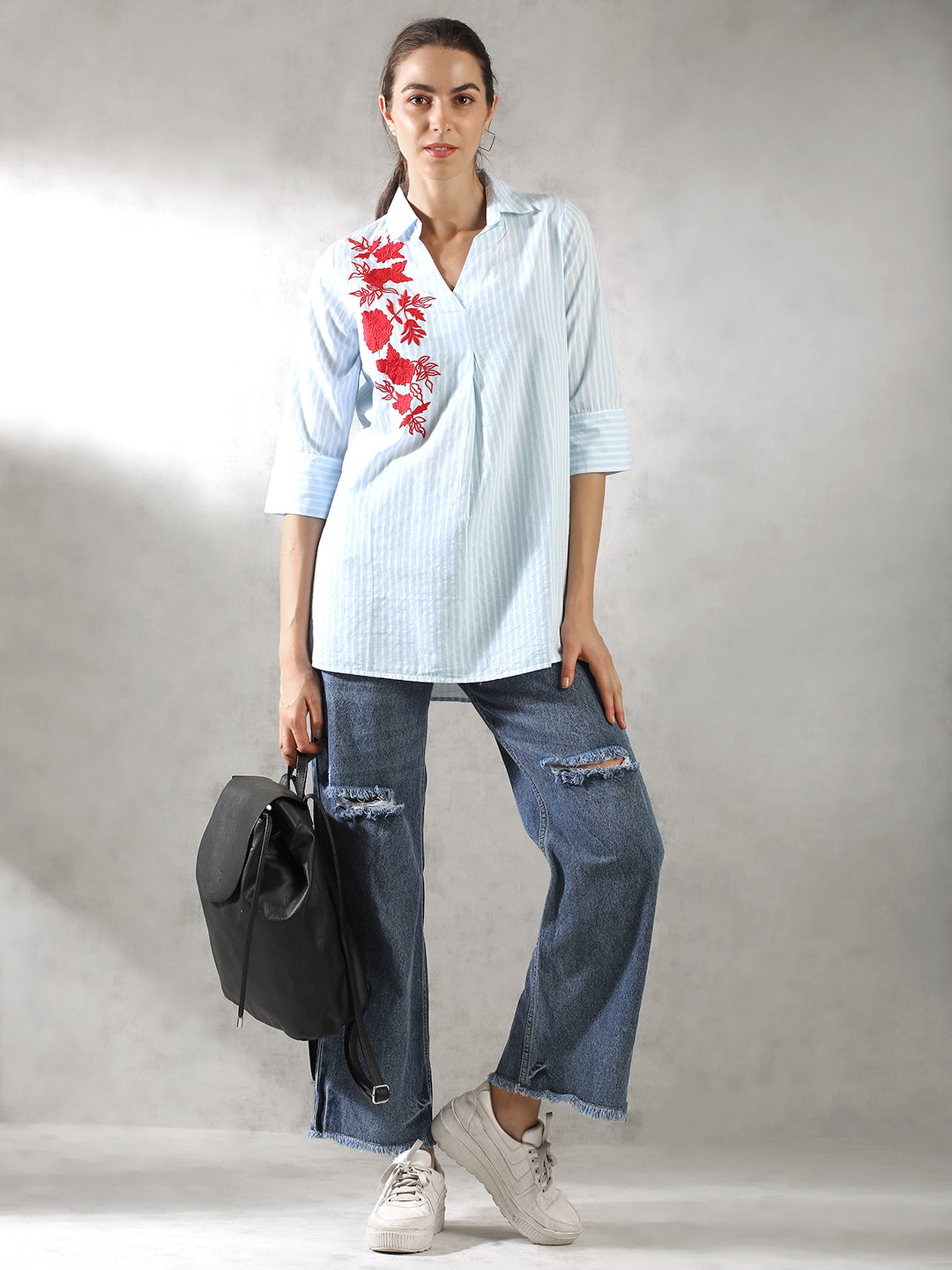 Women Blue Embroidered Shirt