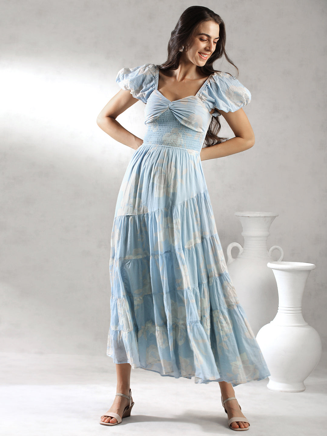 Women Sky Blue Printed Maxi Dress