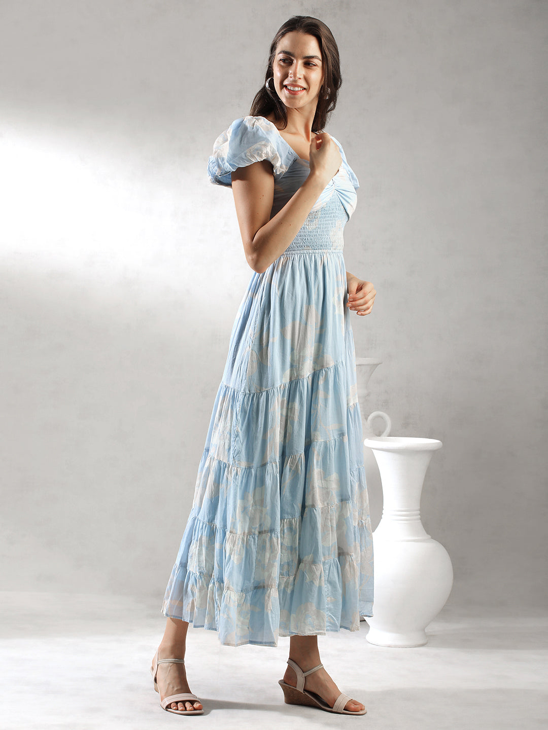 Women Sky Blue Printed Maxi Dress