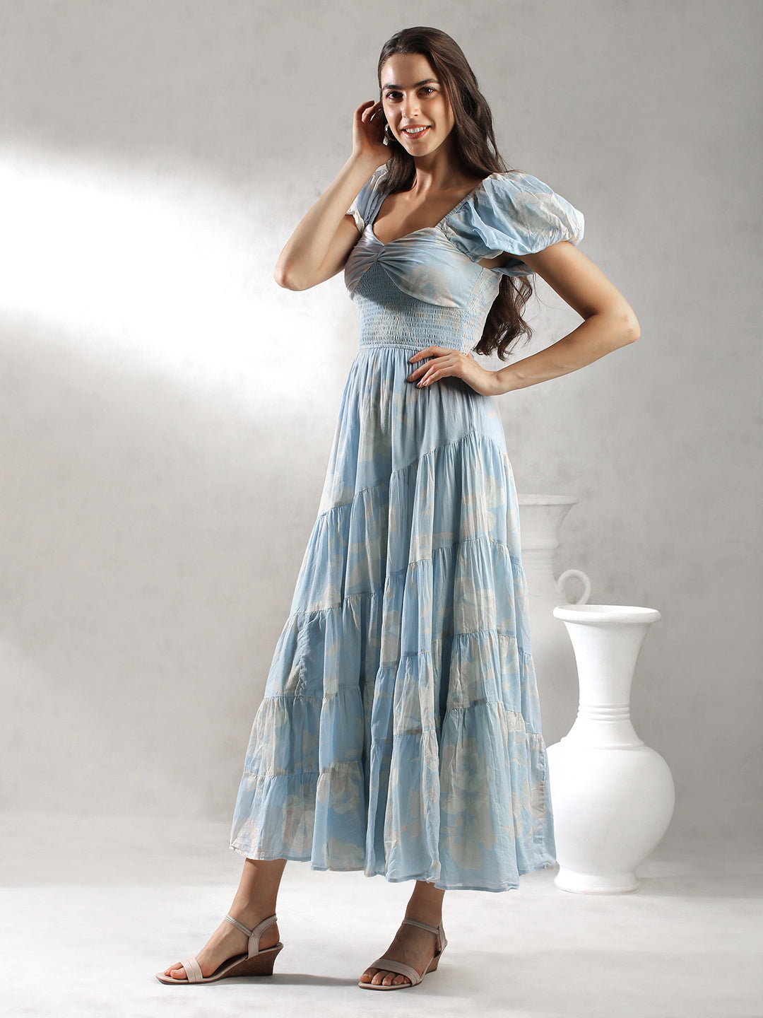 Women Sky Blue Printed Maxi Dress