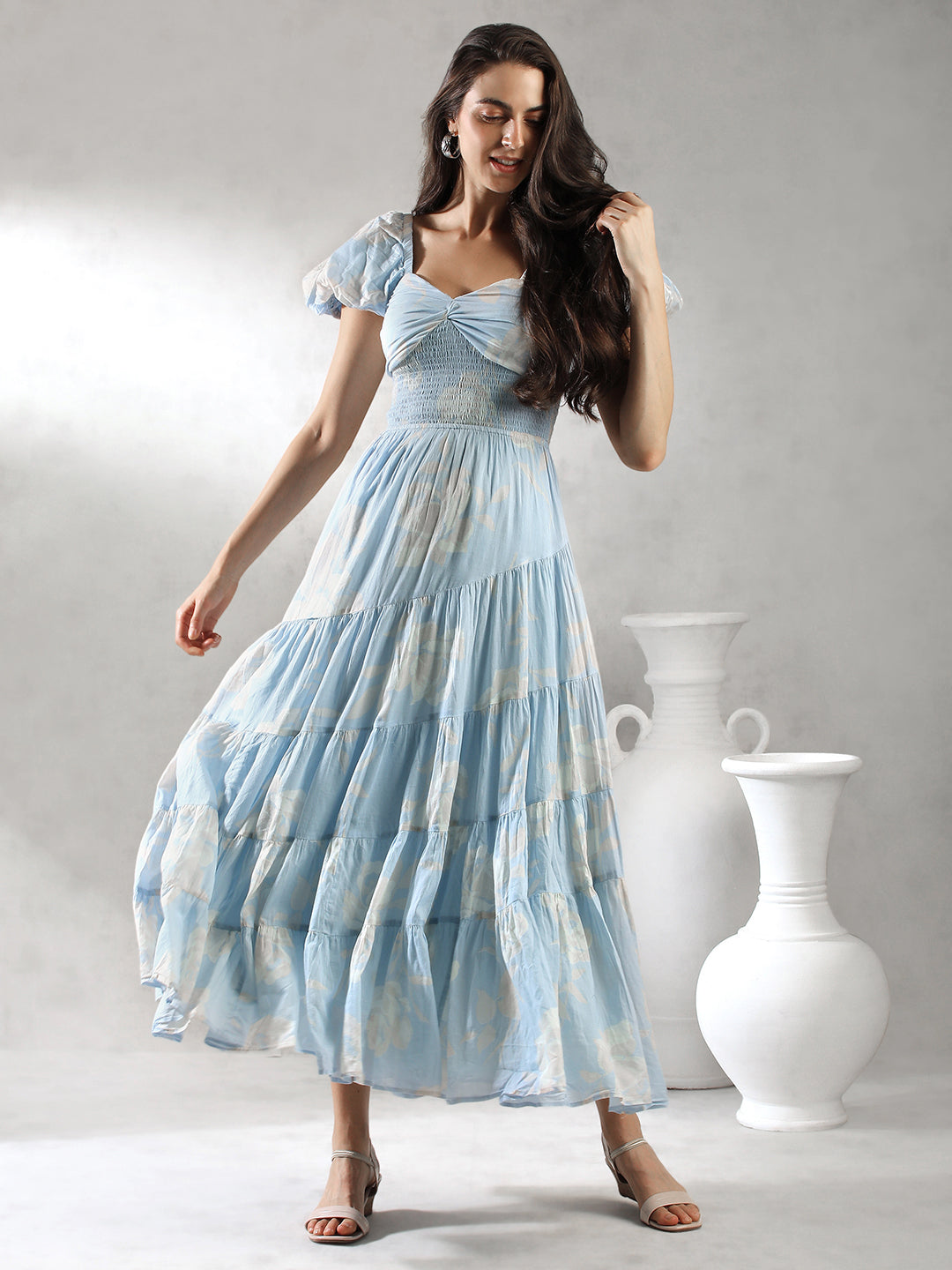 Women Sky Blue Printed Maxi Dress