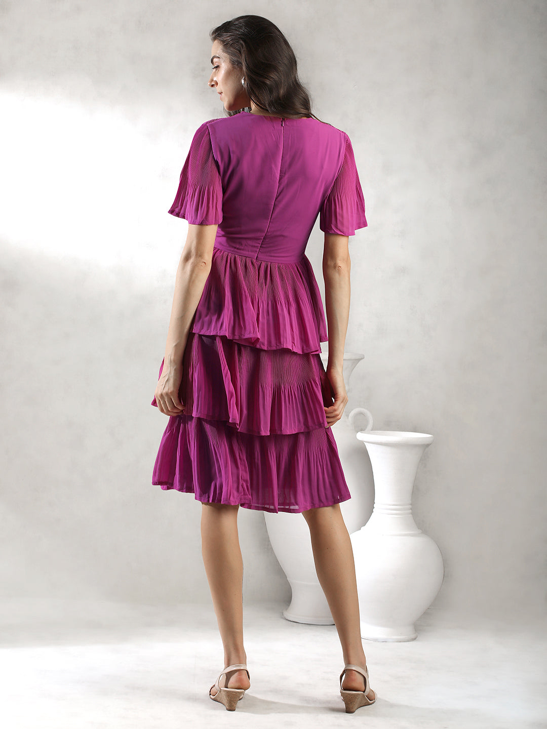 Women Purple Layered Knee Lenth Dress