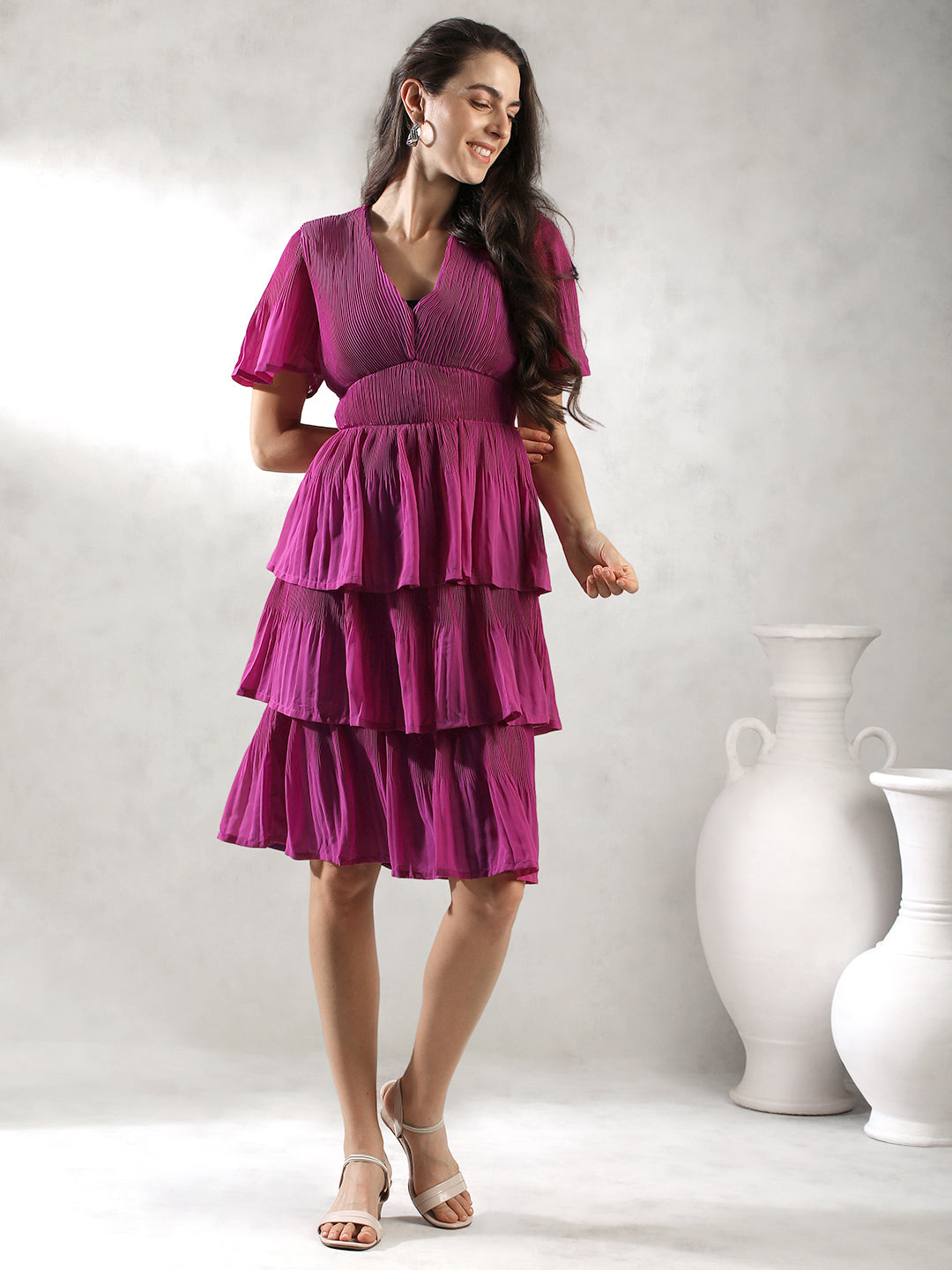 Women Purple Layered Knee Lenth Dress