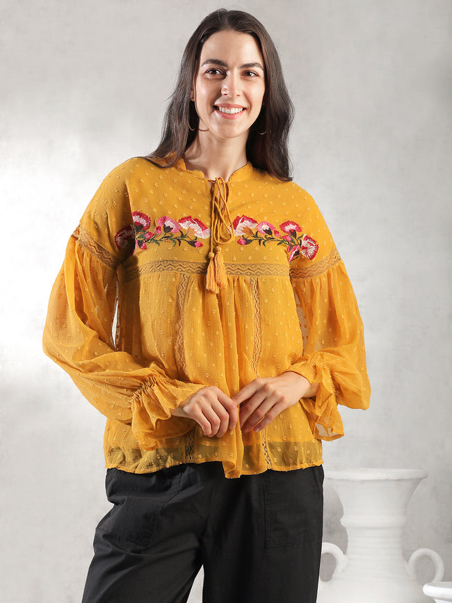 Women Mustard Self Design Textured Top