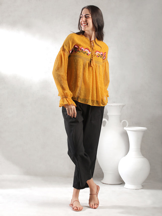 Women Mustard Self Design Textured Top