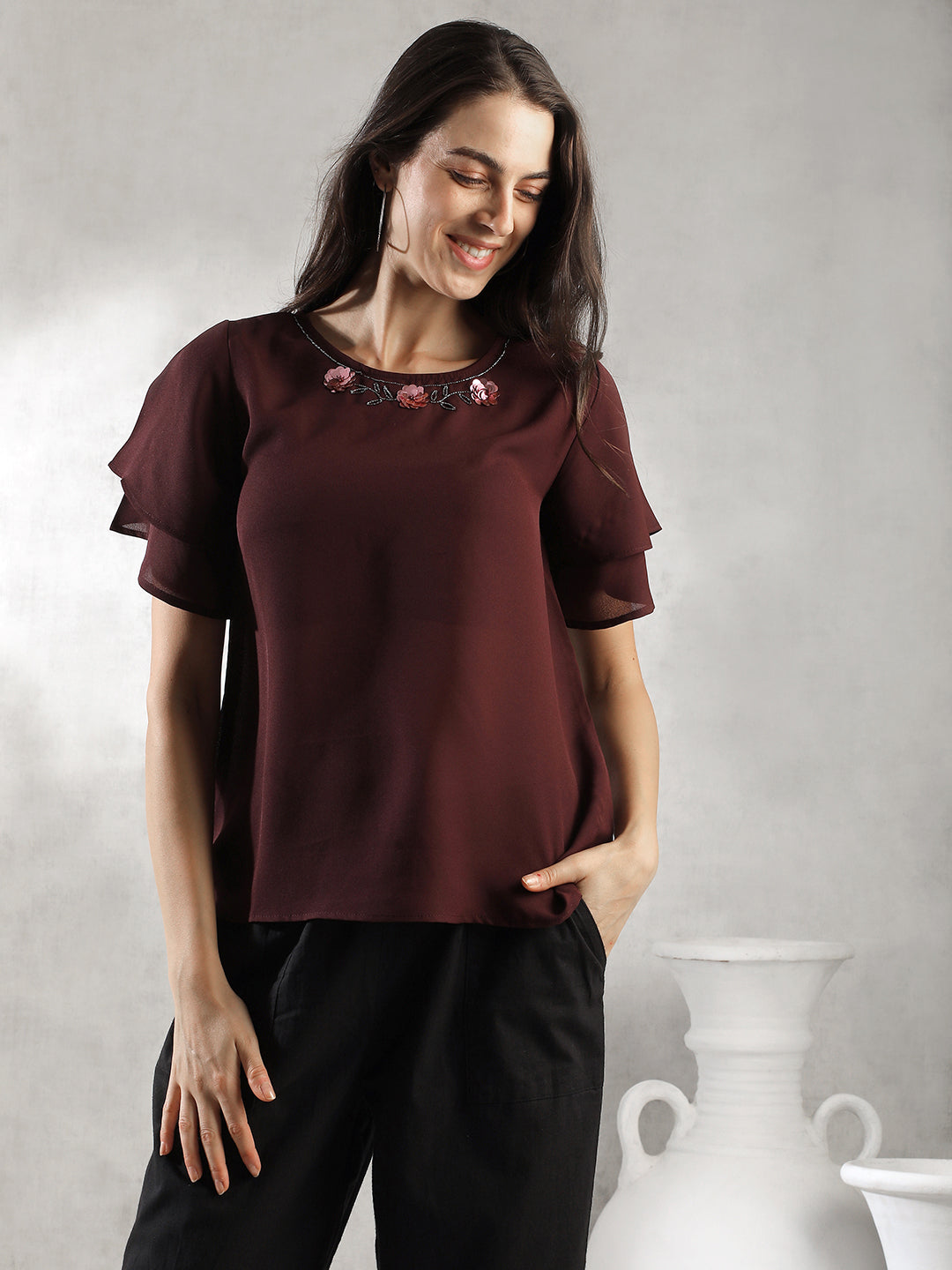 Women Maroon Regular Fit Tops