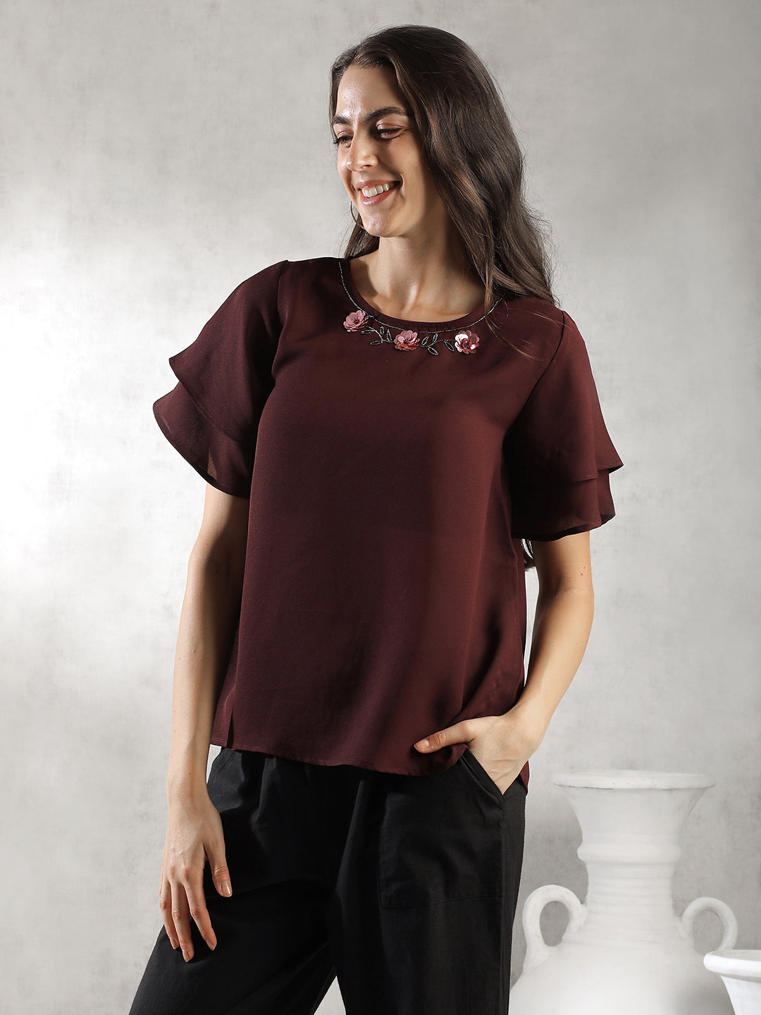 Women Maroon Regular Fit Tops