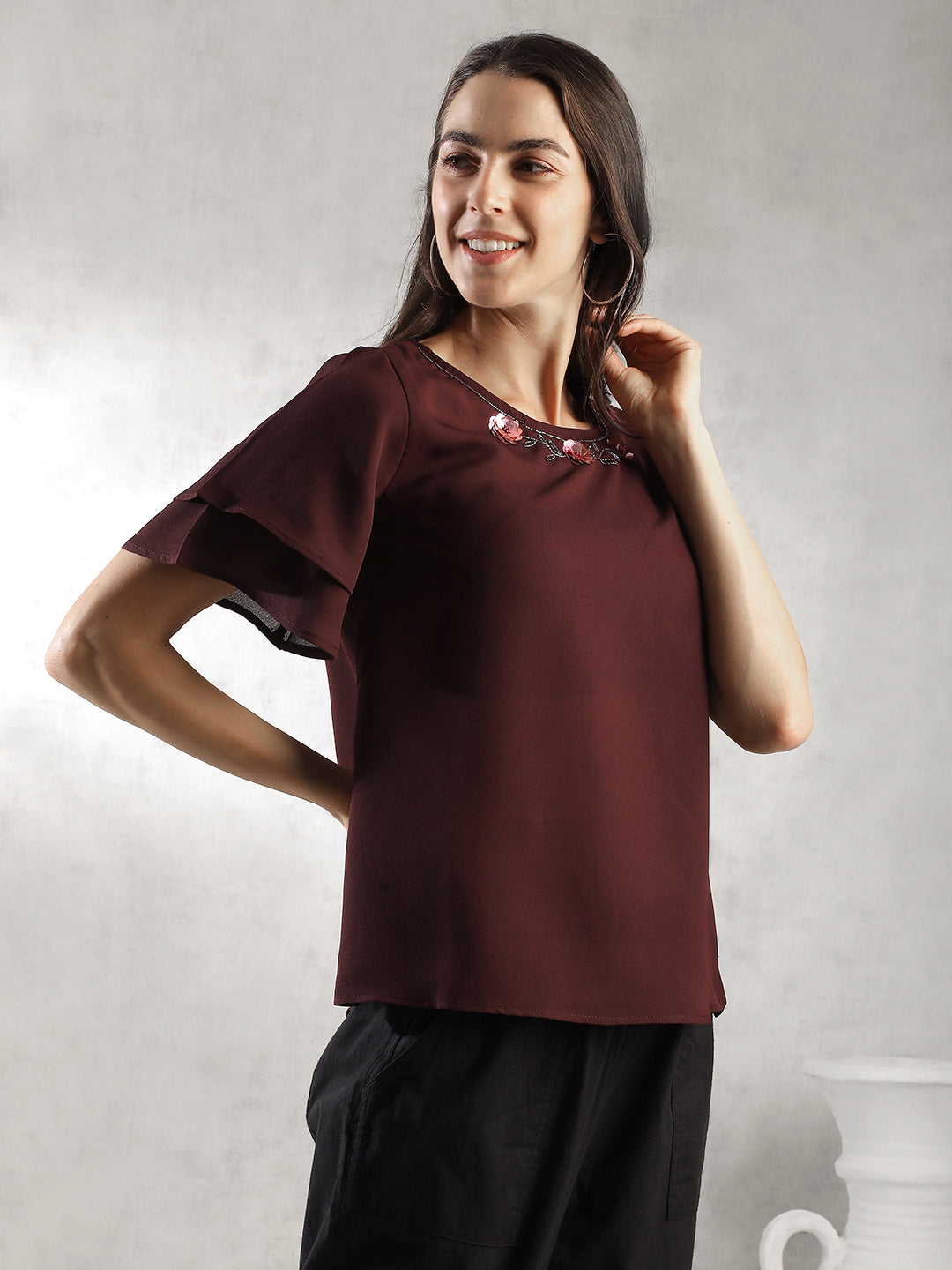 Women Maroon Regular Fit Tops