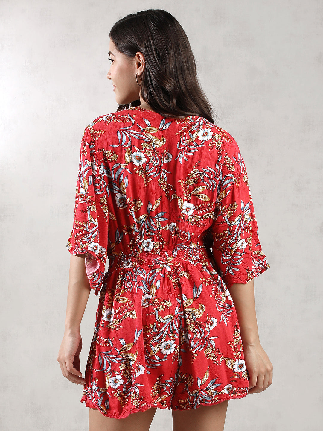 Women Red Tropical Print Romper