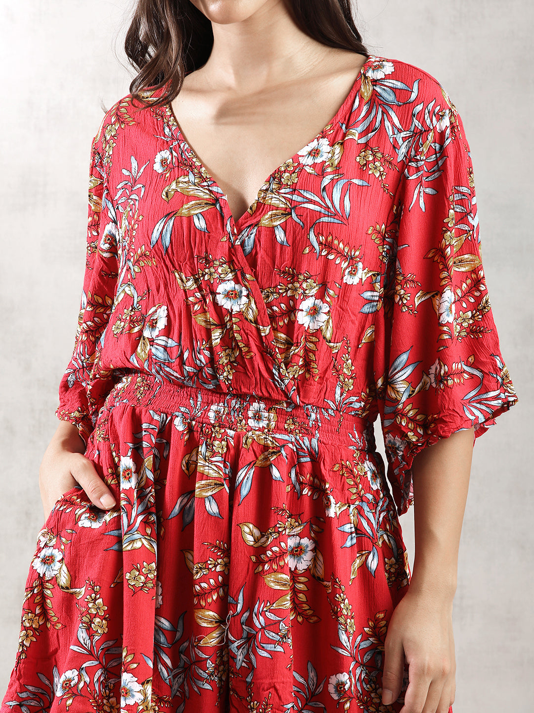 Women Red Tropical Print Romper