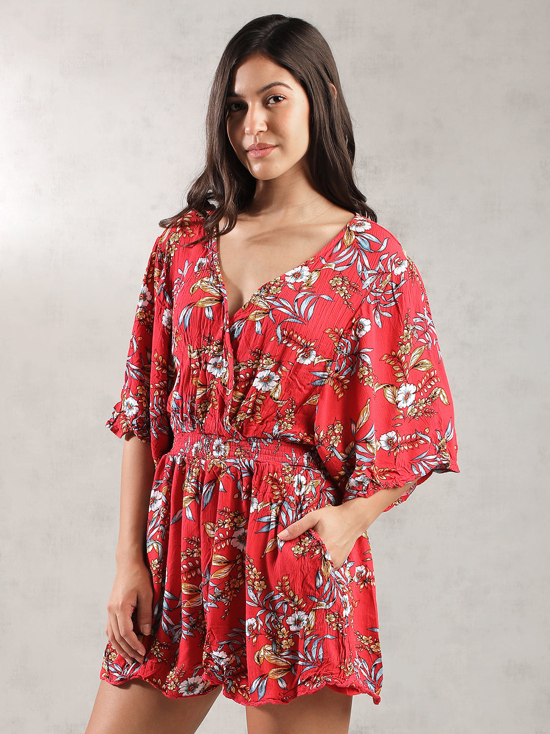 Women Red Tropical Print Romper