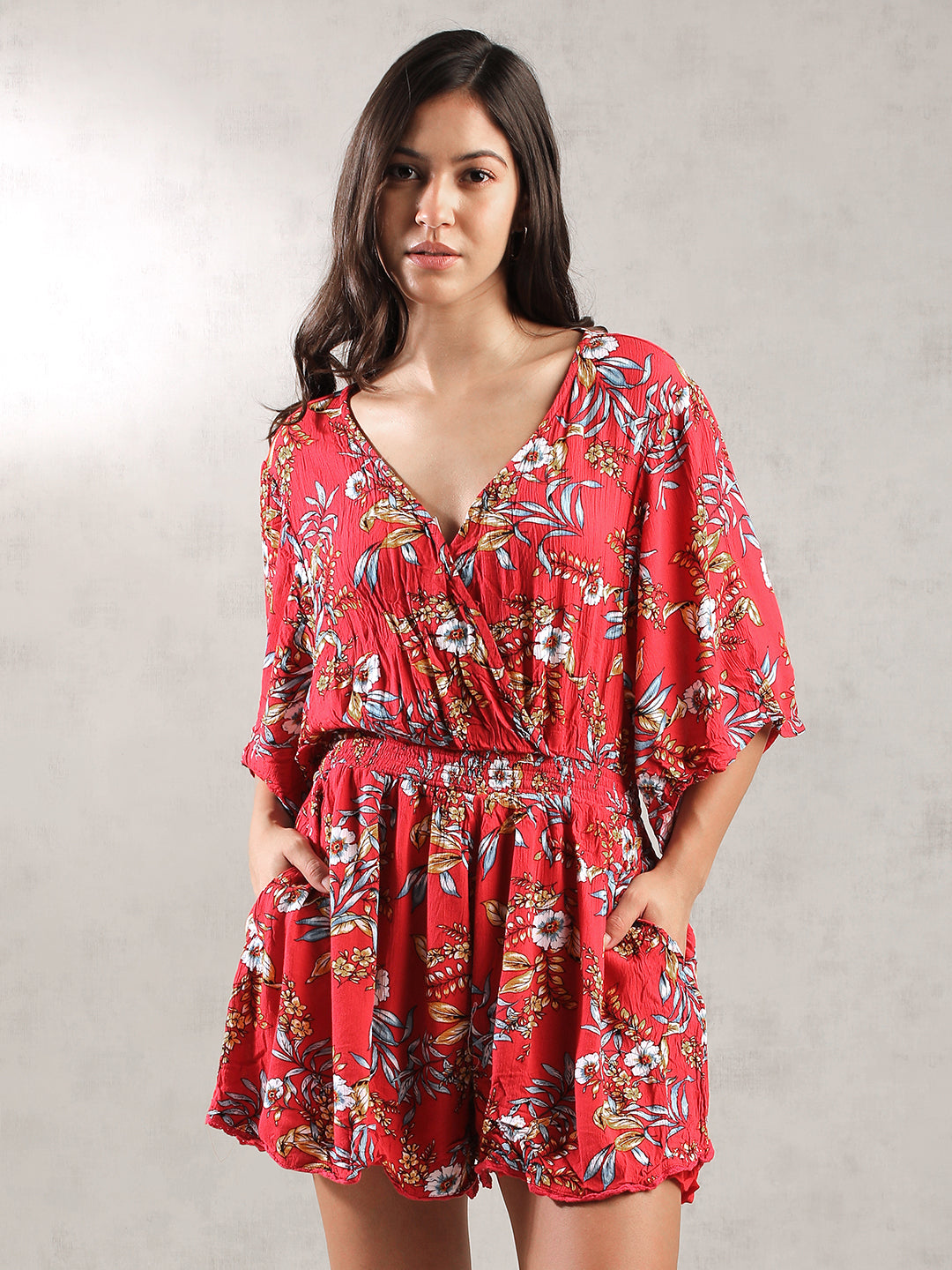 Women Red Tropical Print Romper