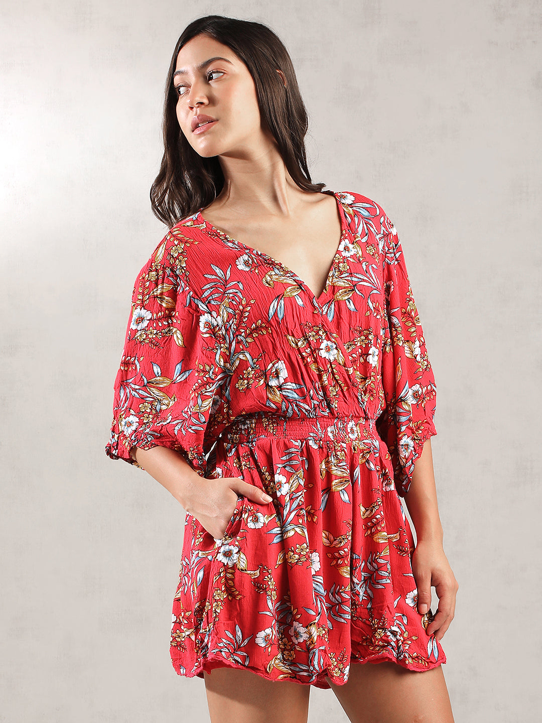 Women Red Tropical Print Romper