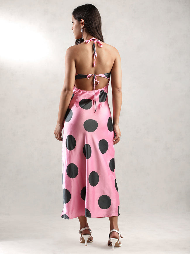 Women Pink Polka Dot Maxi Dress