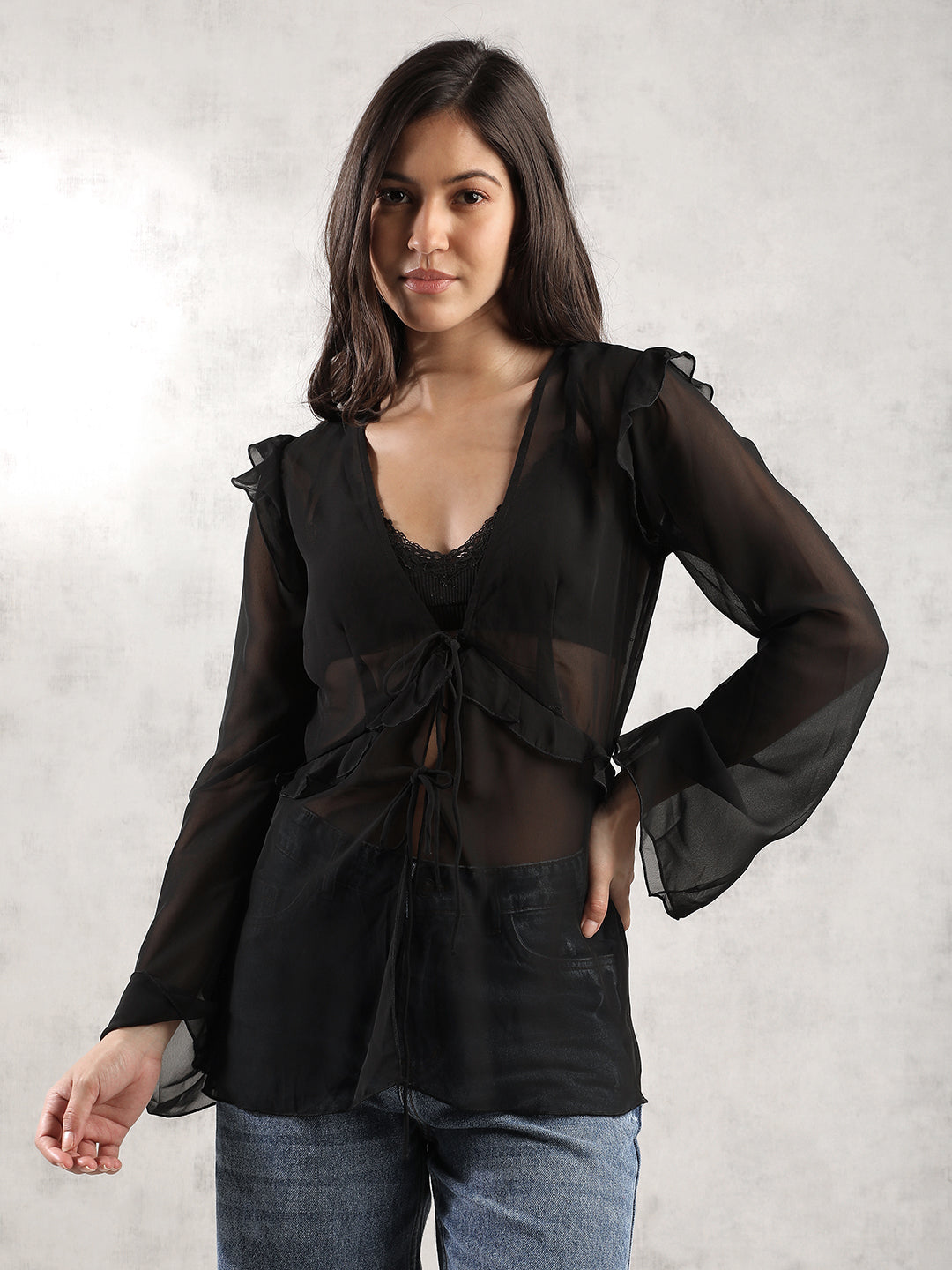 Women Black Sheer Front Tie Up Top