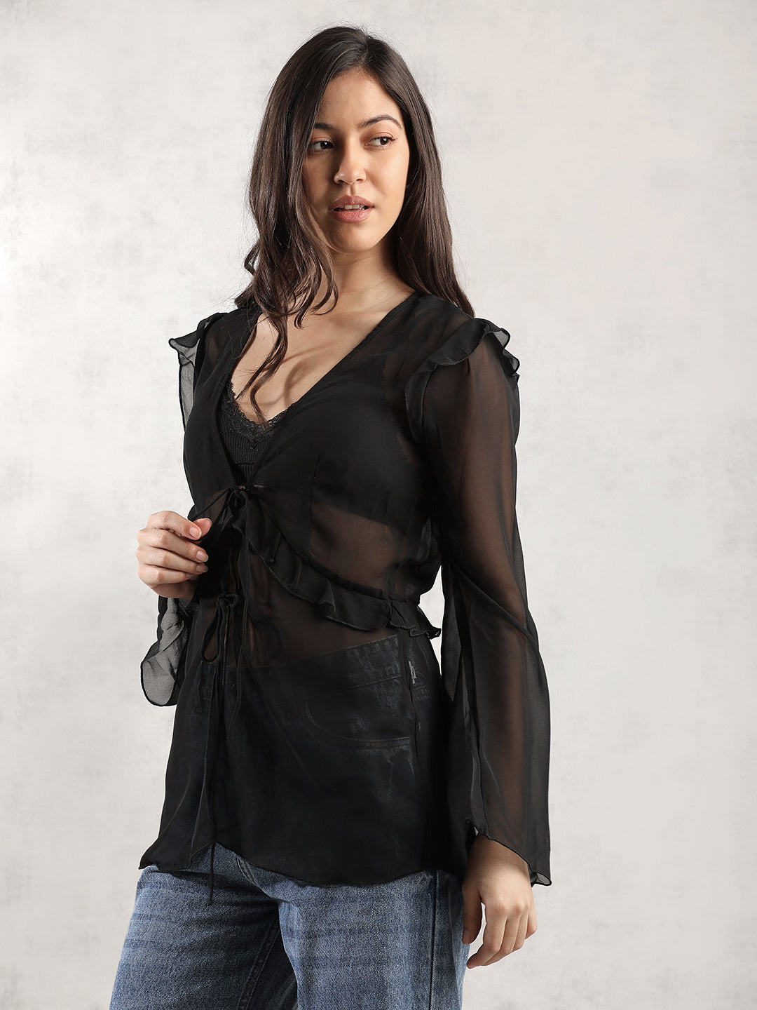 Women Black Sheer Front Tie Up Top