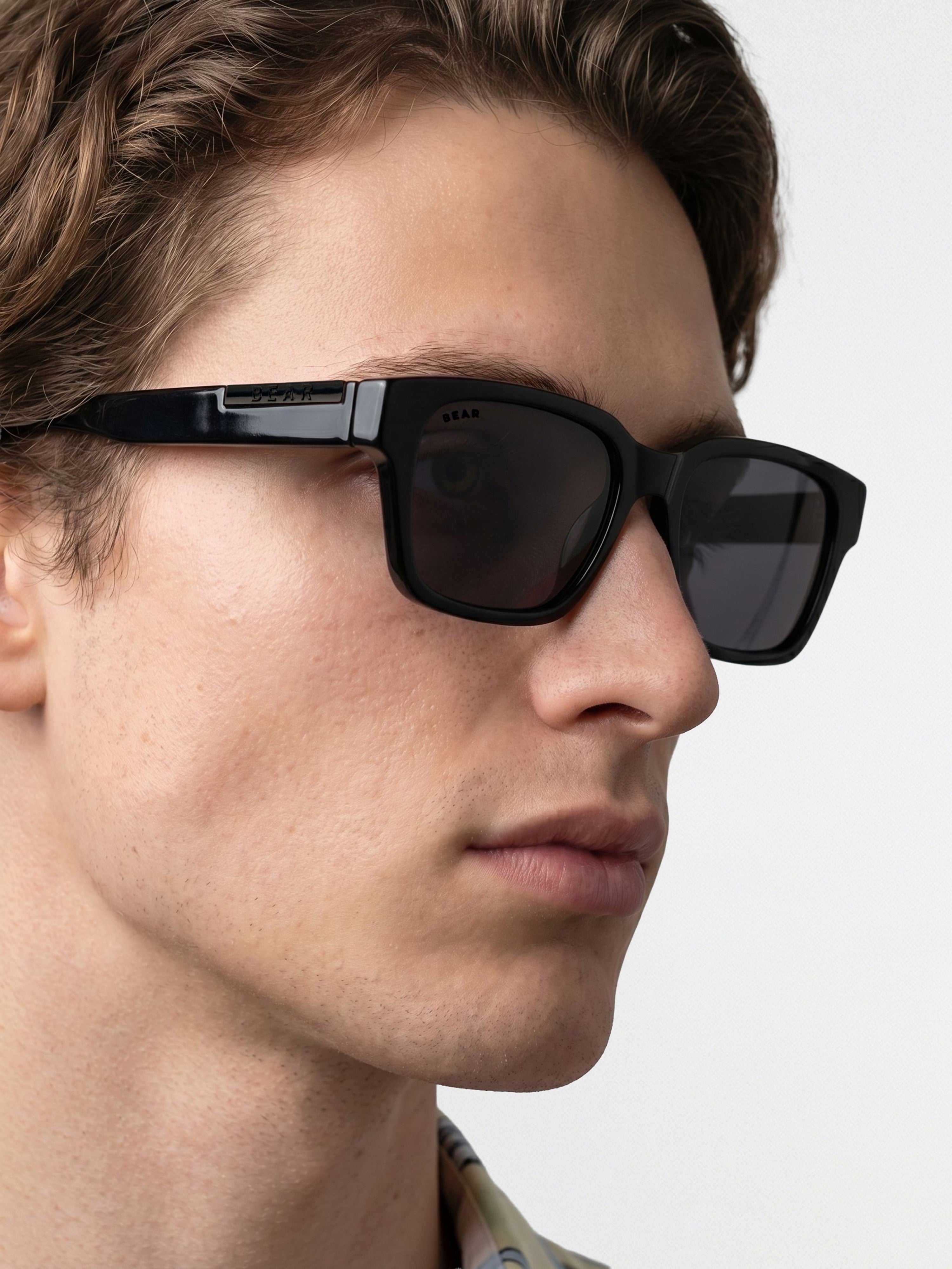 Men Glossy Black Rectangular Sunglasses with Metal Accent & Smoke Grey Lenses