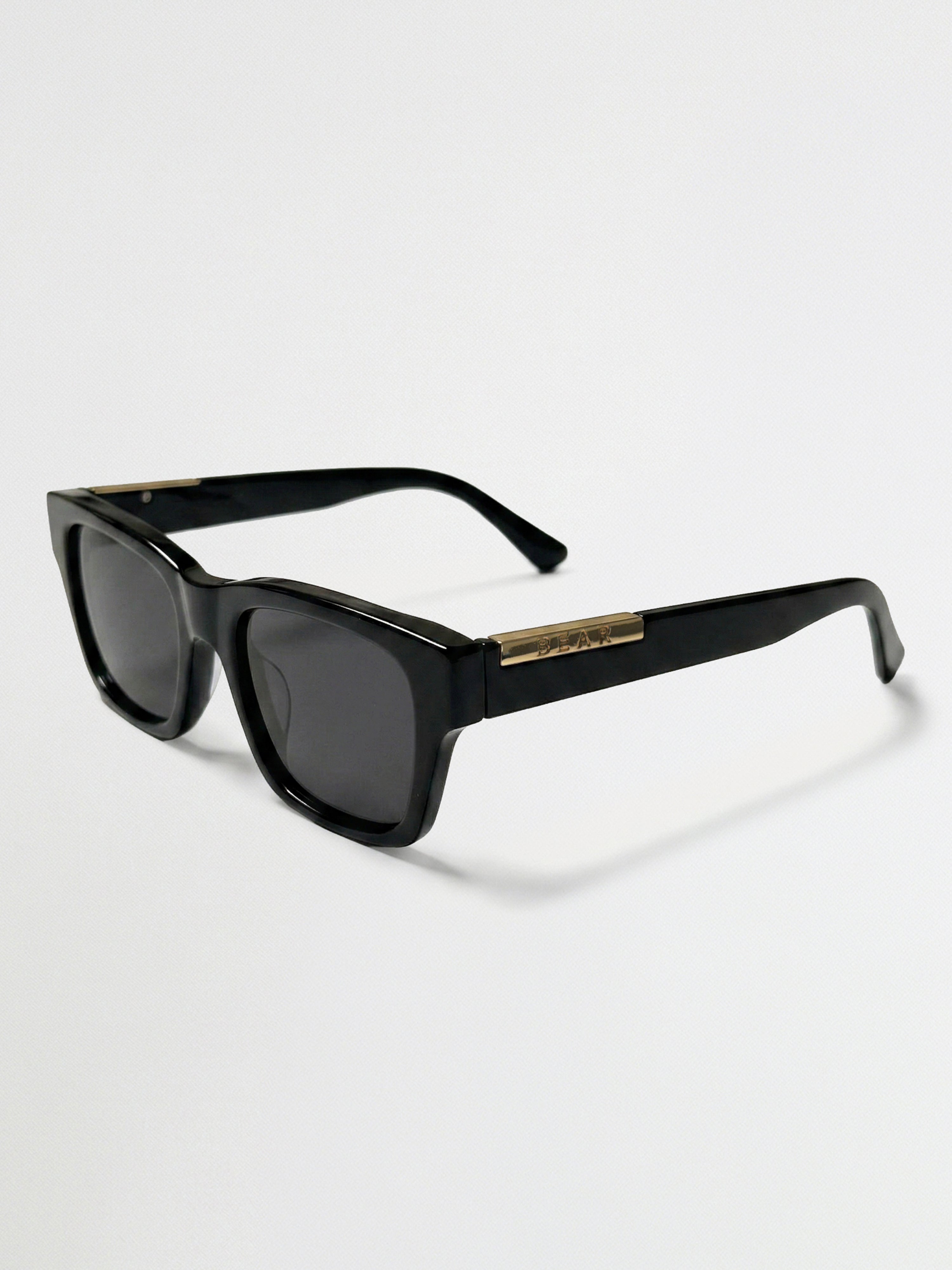 Men Glossy Black Rectangular Sunglasses with Gold Accent & Smoke Grey Lenses