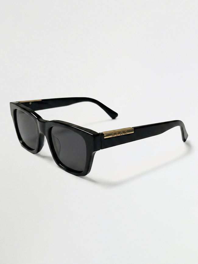 Men Glossy Black Rectangular Sunglasses with Gold Accent & Smoke Grey Lenses