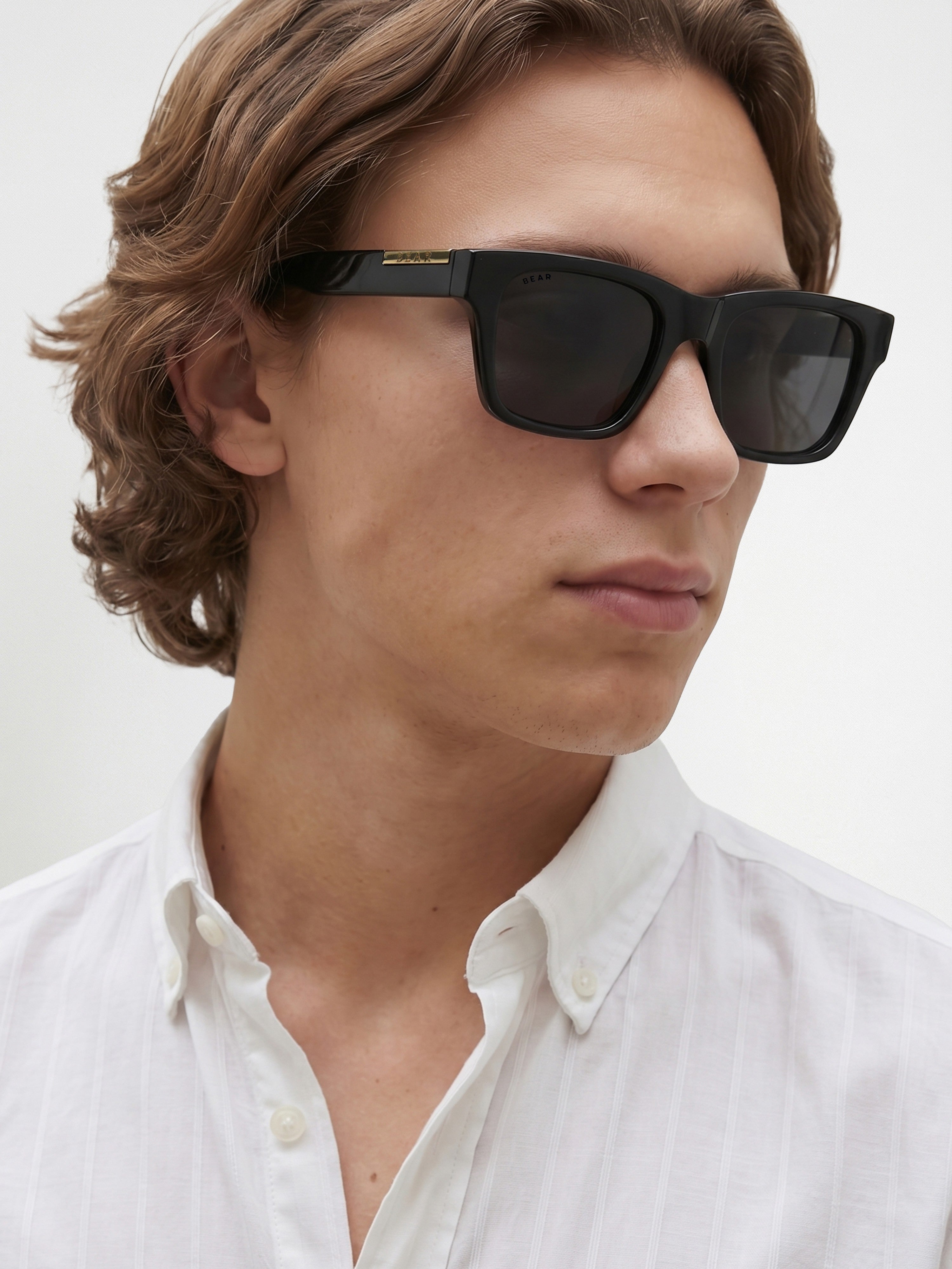 Men Glossy Black Rectangular Sunglasses with Gold Accent & Smoke Grey Lenses