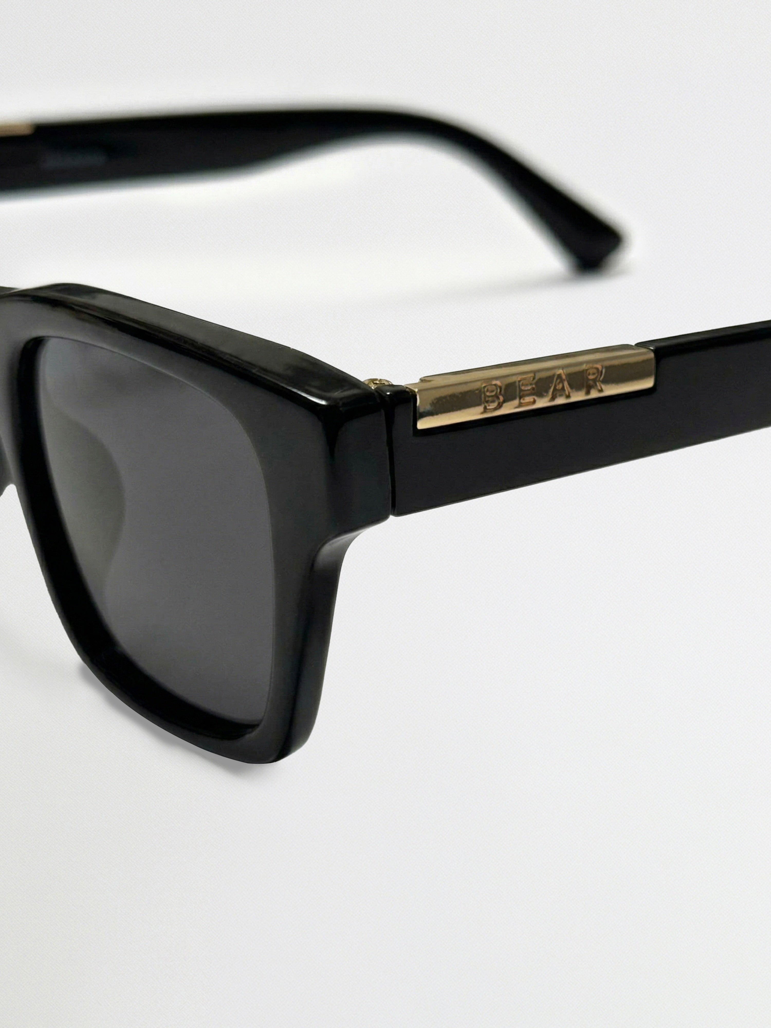 Men Glossy Black Rectangular Sunglasses with Gold Accent & Smoke Grey Lenses