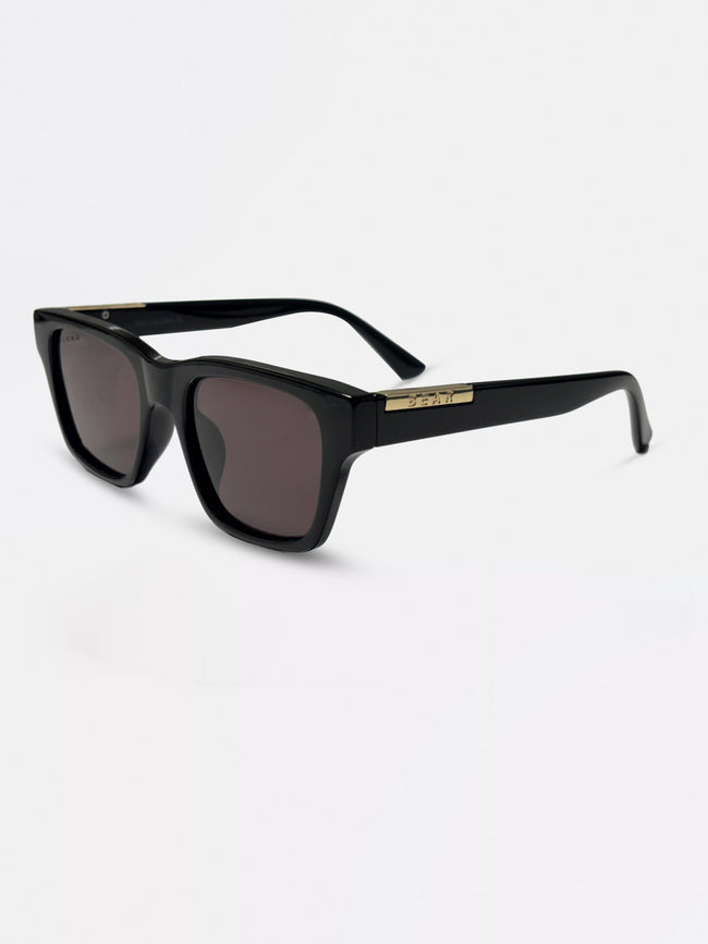 Men Glossy Black Rectangular Sunglasses with Gold Accent & Smoke Purple Lenses