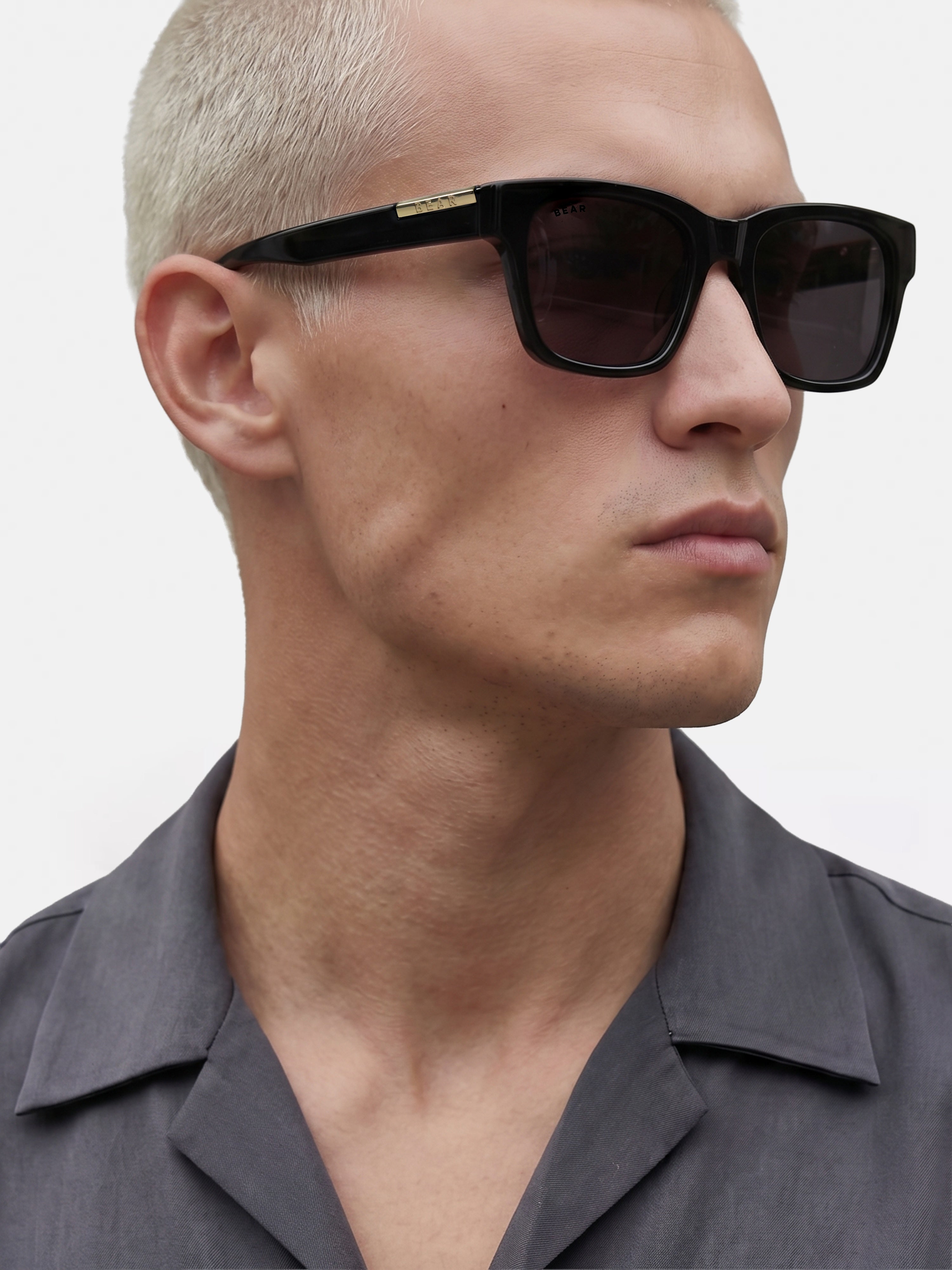 Men Glossy Black Rectangular Sunglasses with Gold Accent & Smoke Purple Lenses