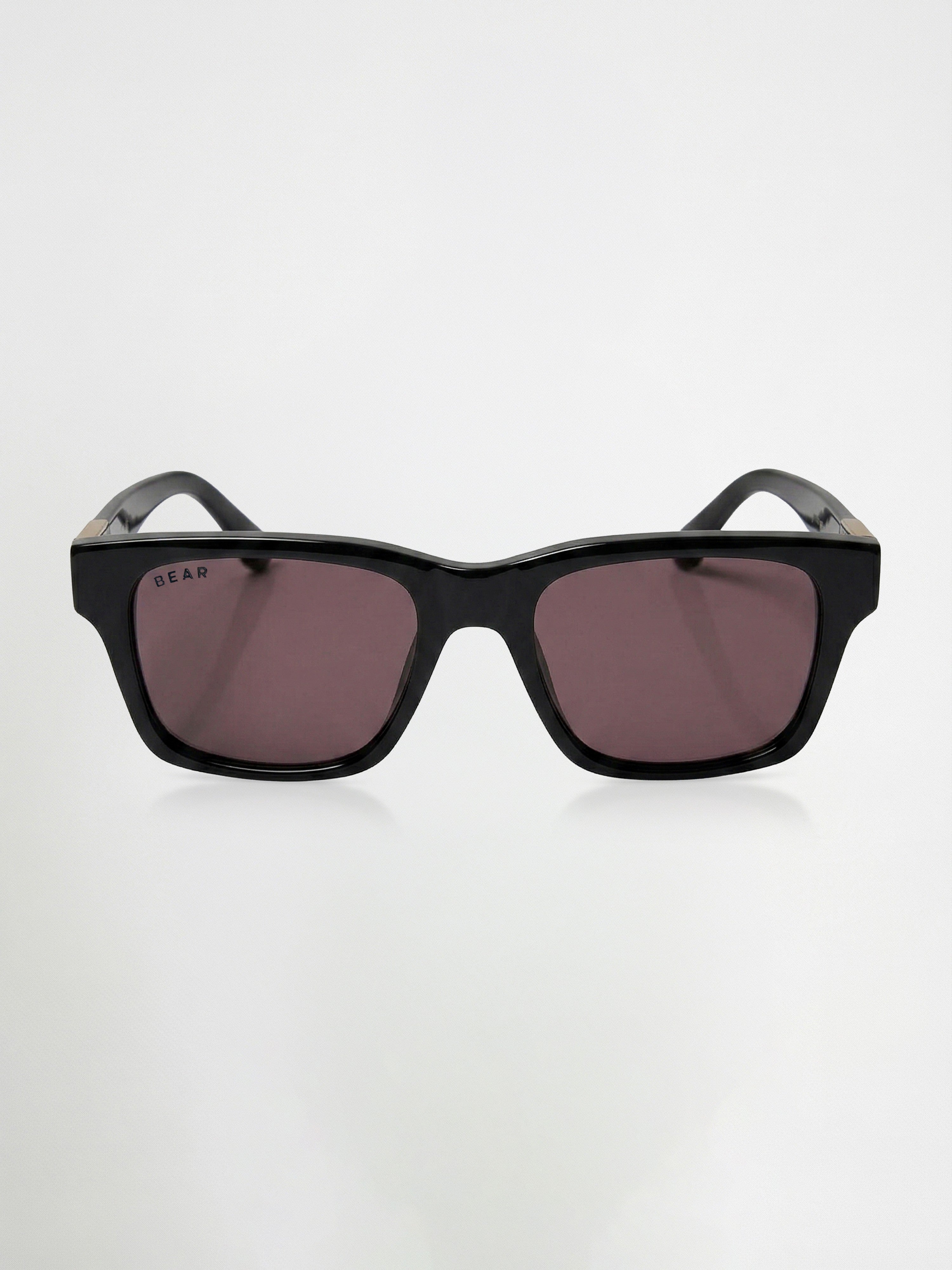 Men Glossy Black Rectangular Sunglasses with Gold Accent & Smoke Purple Lenses