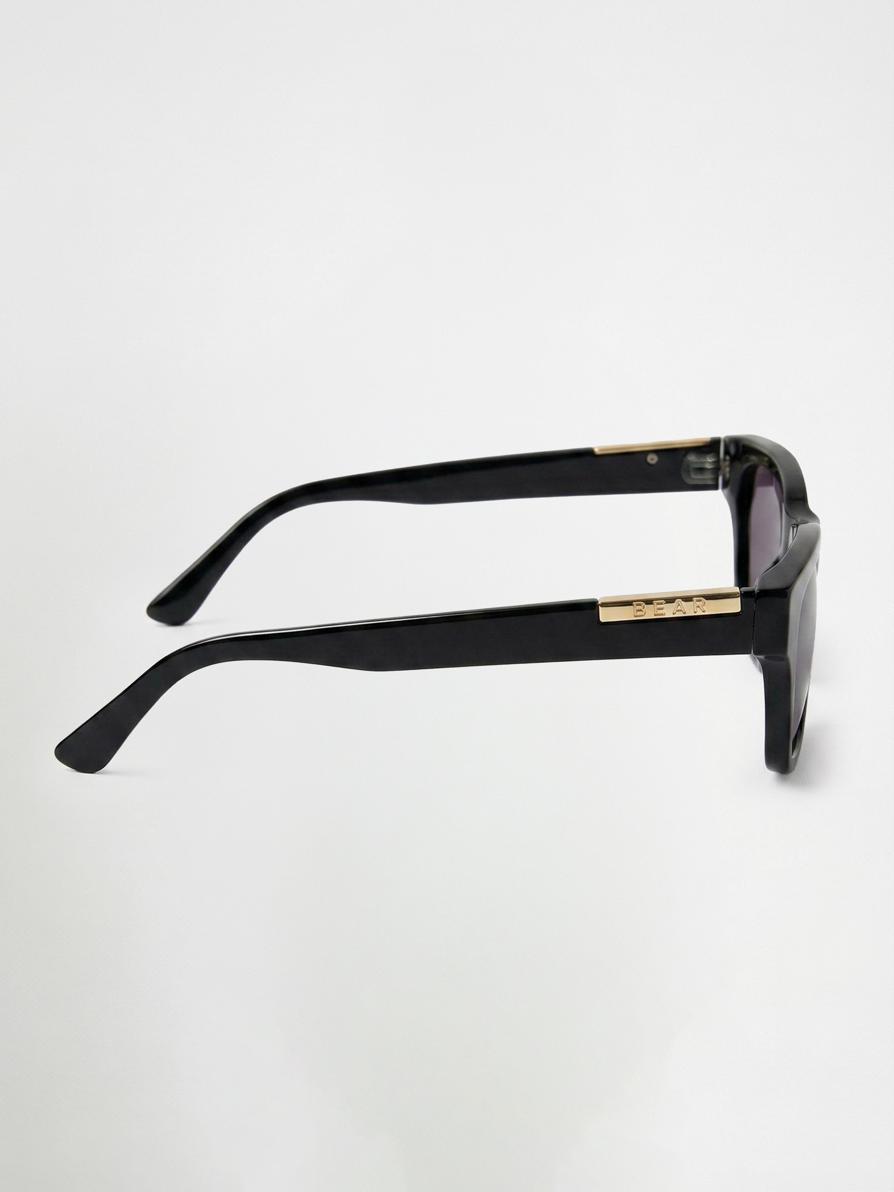 Men Glossy Black Rectangular Sunglasses with Gold Accent & Smoke Purple Lenses