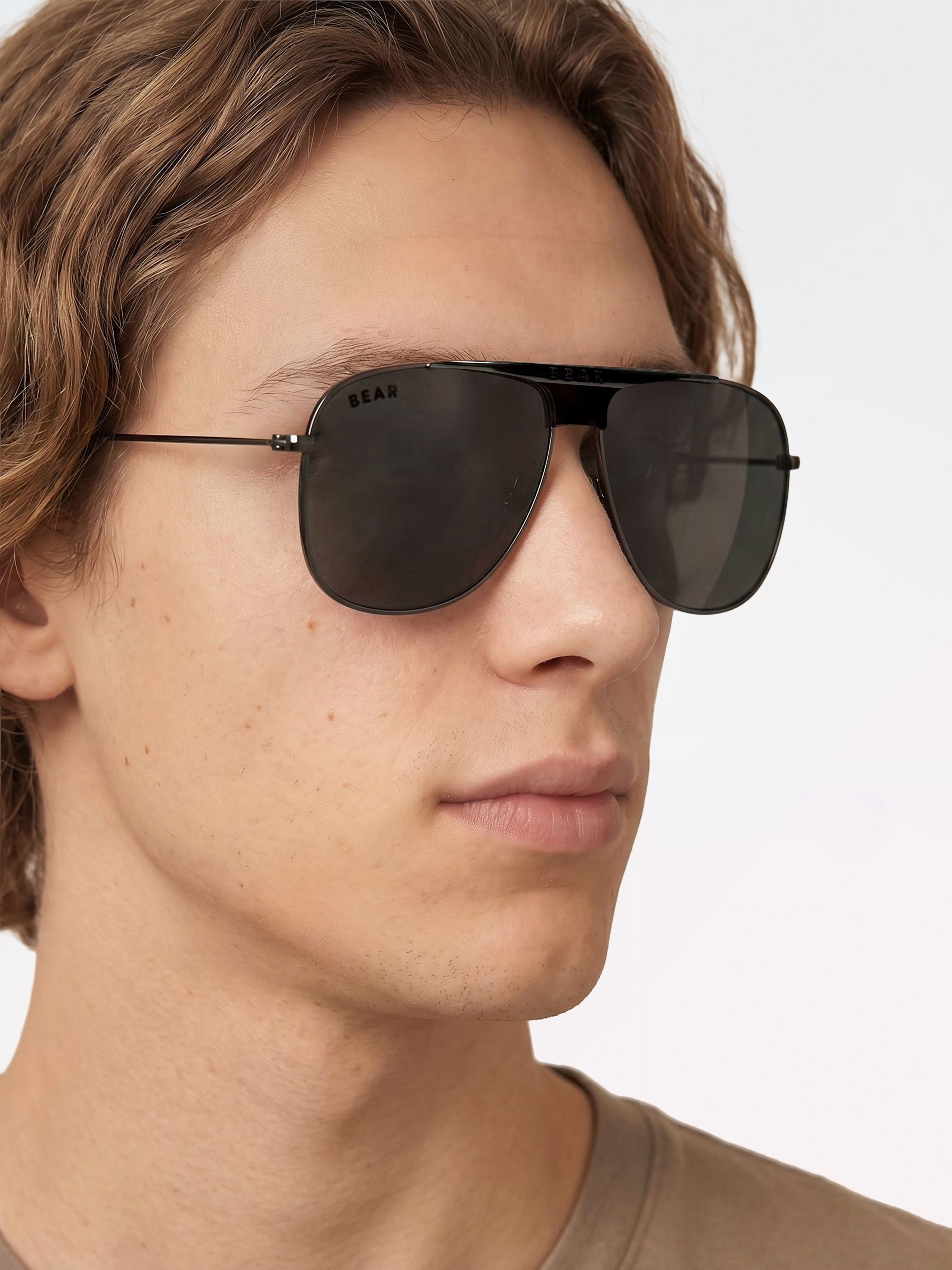 Men Black Metal Square Aviator Sunglasses with Grey Tinted Lenses