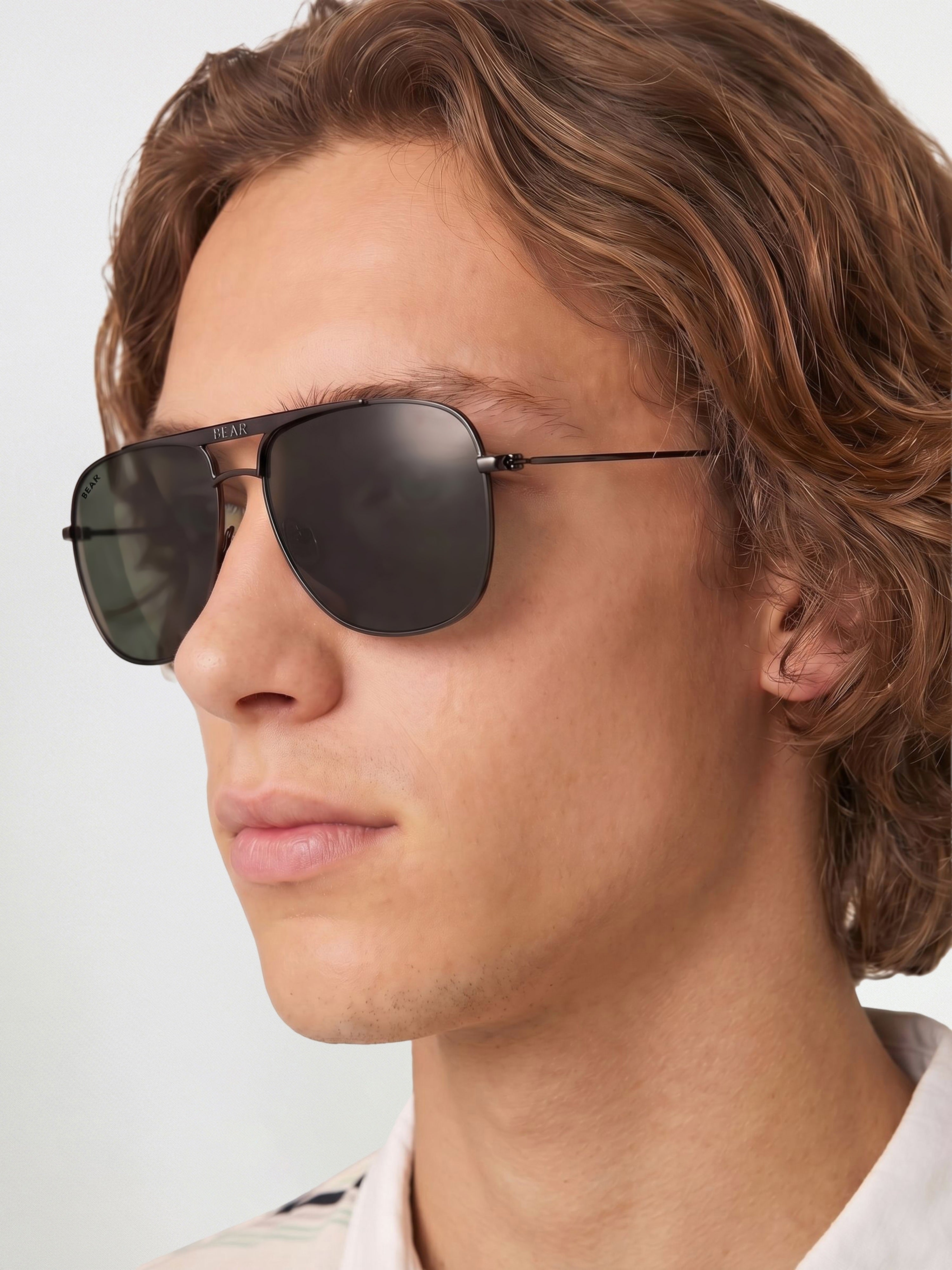 Men Black Metal Square Aviator Sunglasses with Green Tinted Lenses