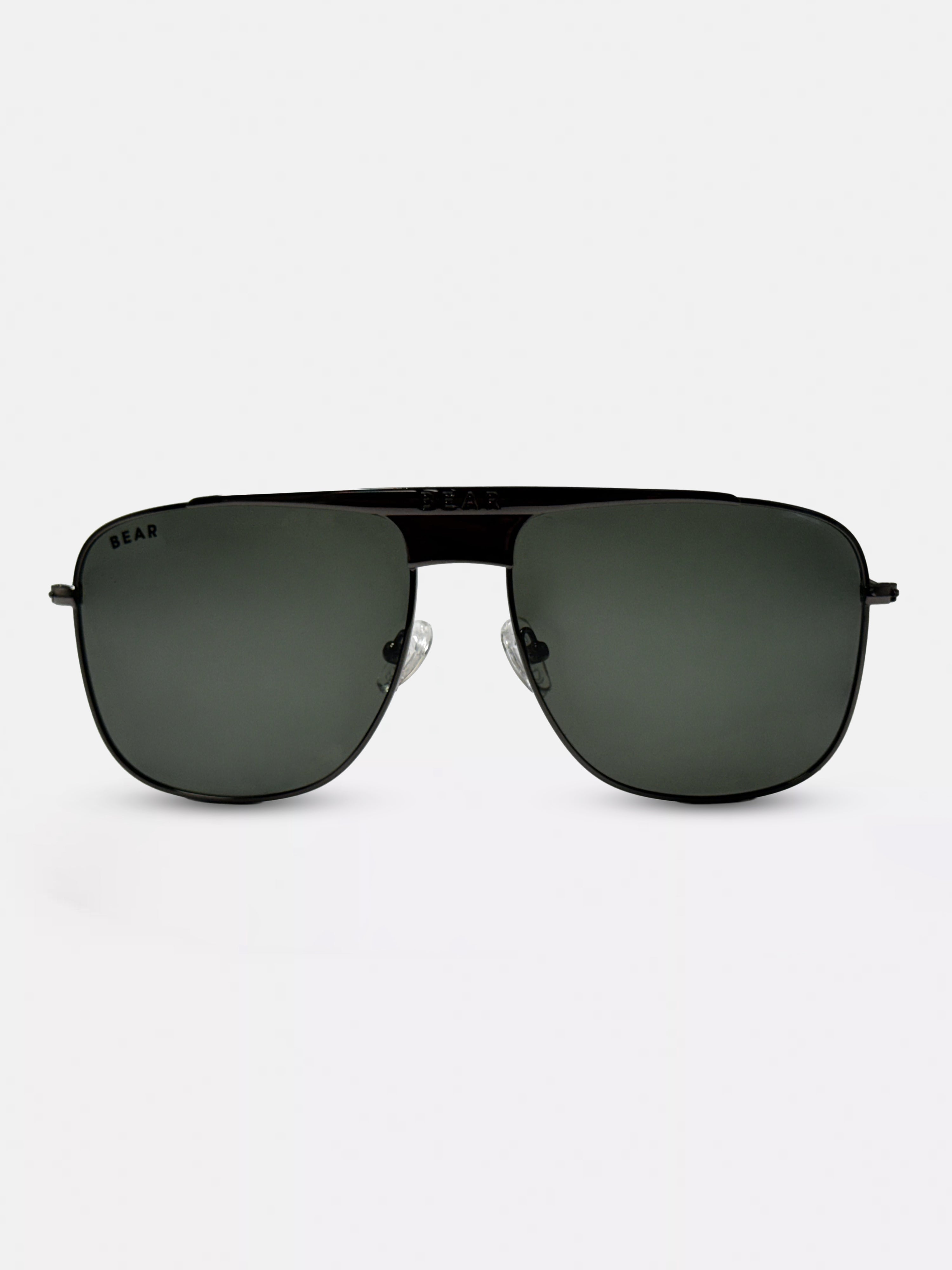 Men Black Metal Square Aviator Sunglasses with Green Tinted Lenses