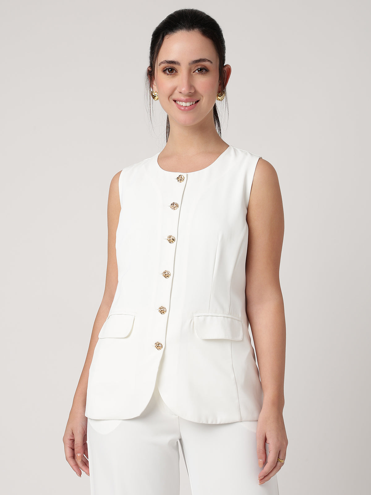 Women White Solid Waistcoat