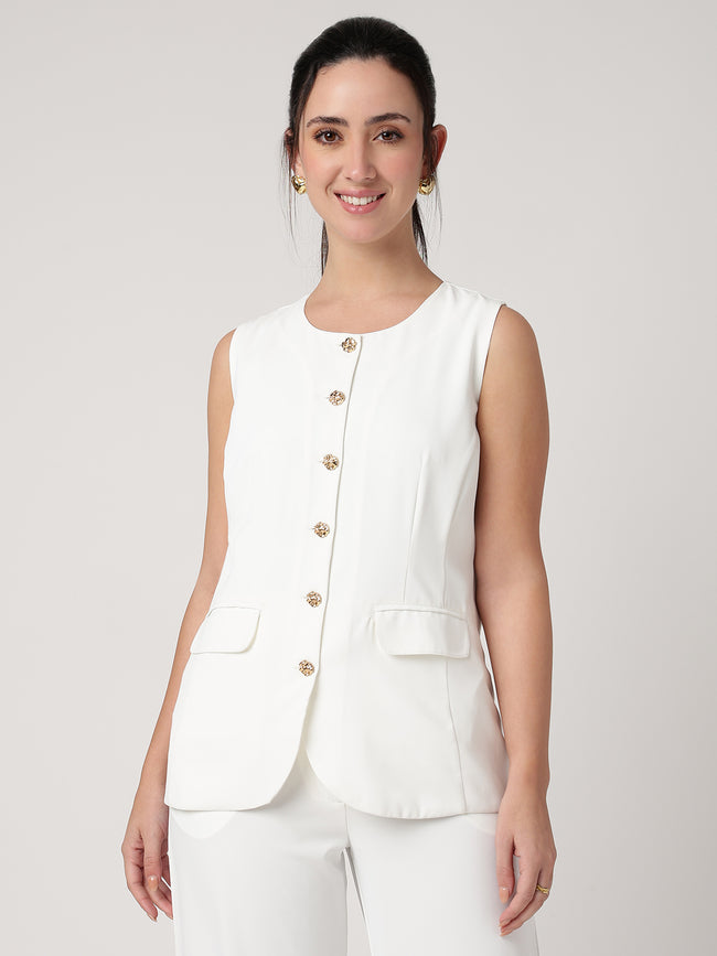 Women White Solid Waistcoat