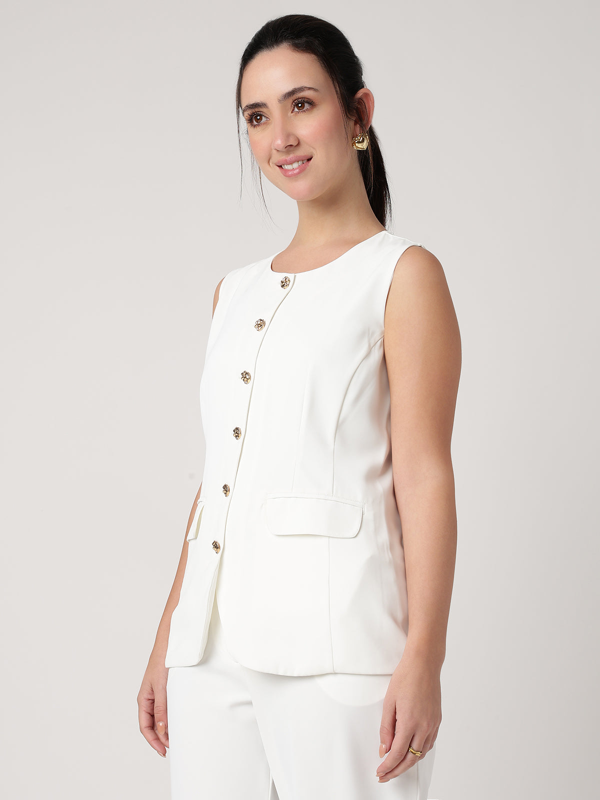 Women White Solid Waistcoat