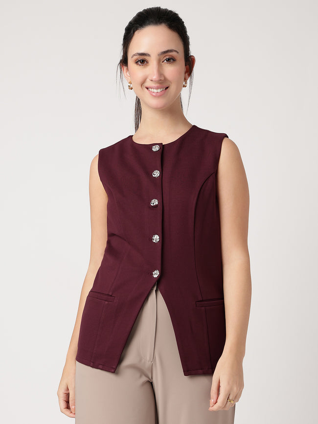 Women Wine Solid Waistcoat