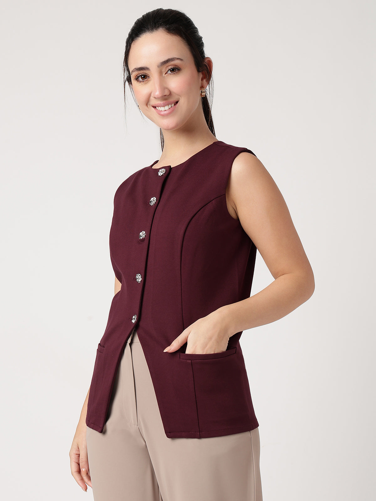 Women Wine Solid Waistcoat