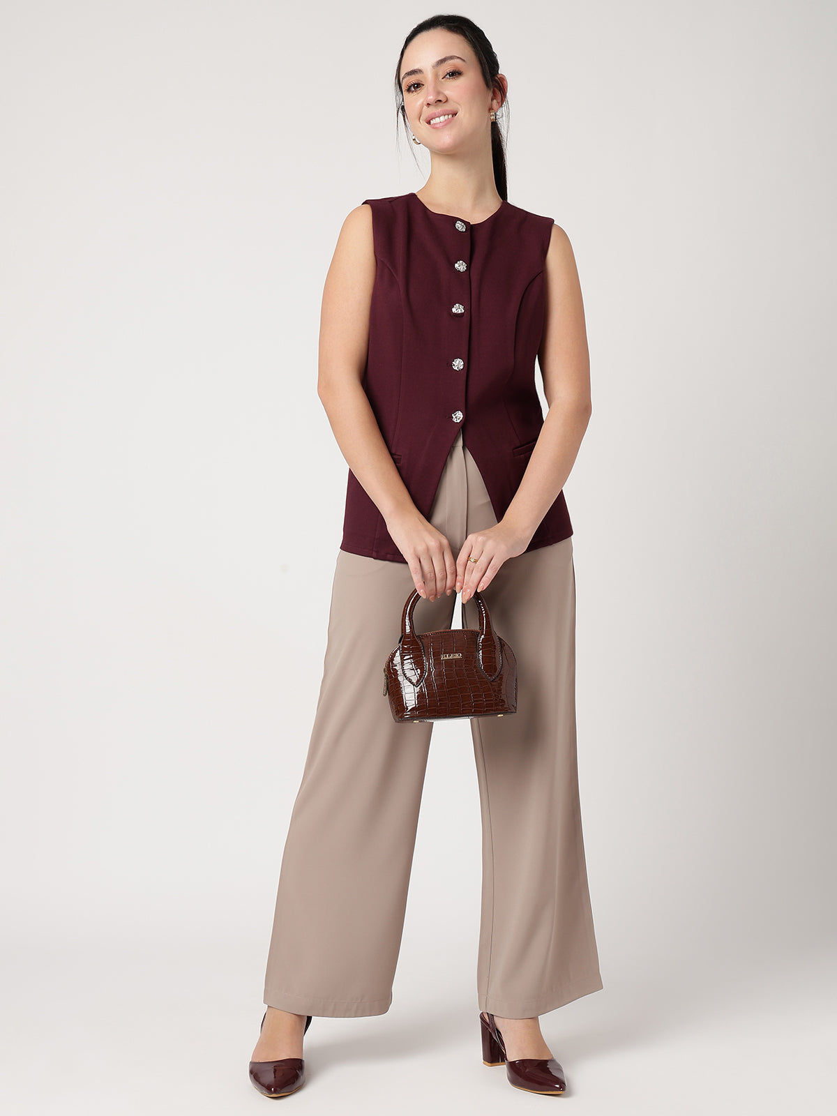 Women Wine Solid Waistcoat