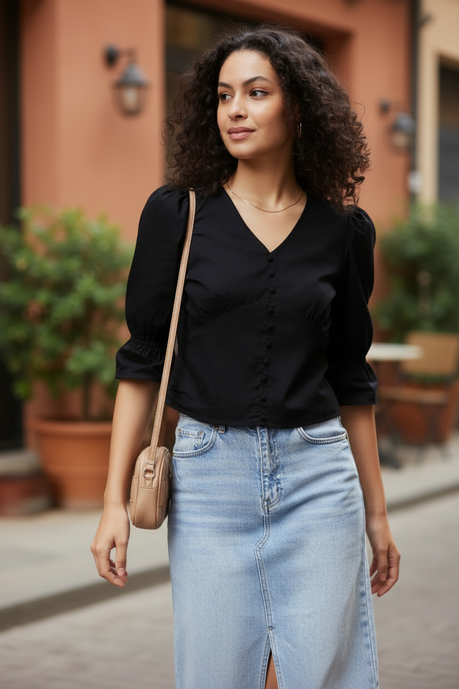 Women Black V-Neck Casual Top