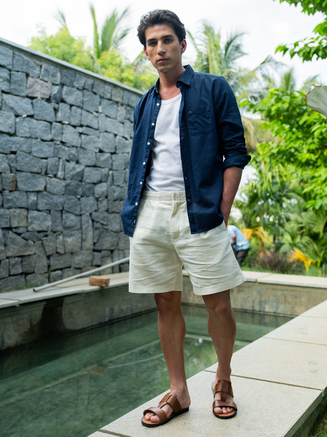 Men Blue Cotton Linen Slim Fit Solid Casual Shirt