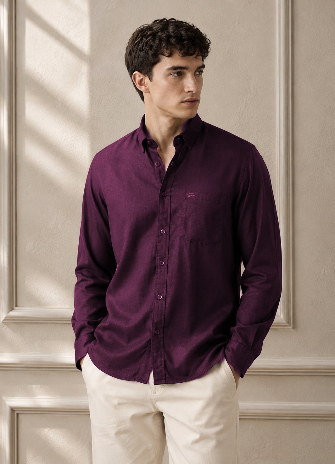 Men Wine Linen Shirt
