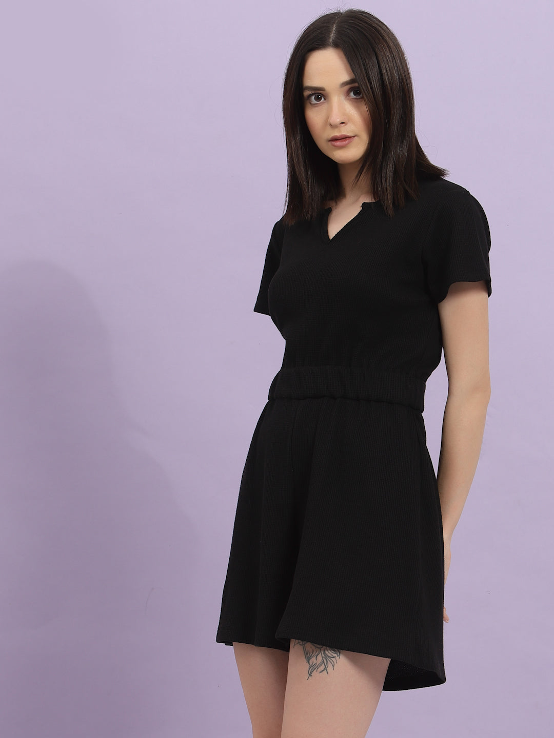 Women Black Waffle Knit Playsuit