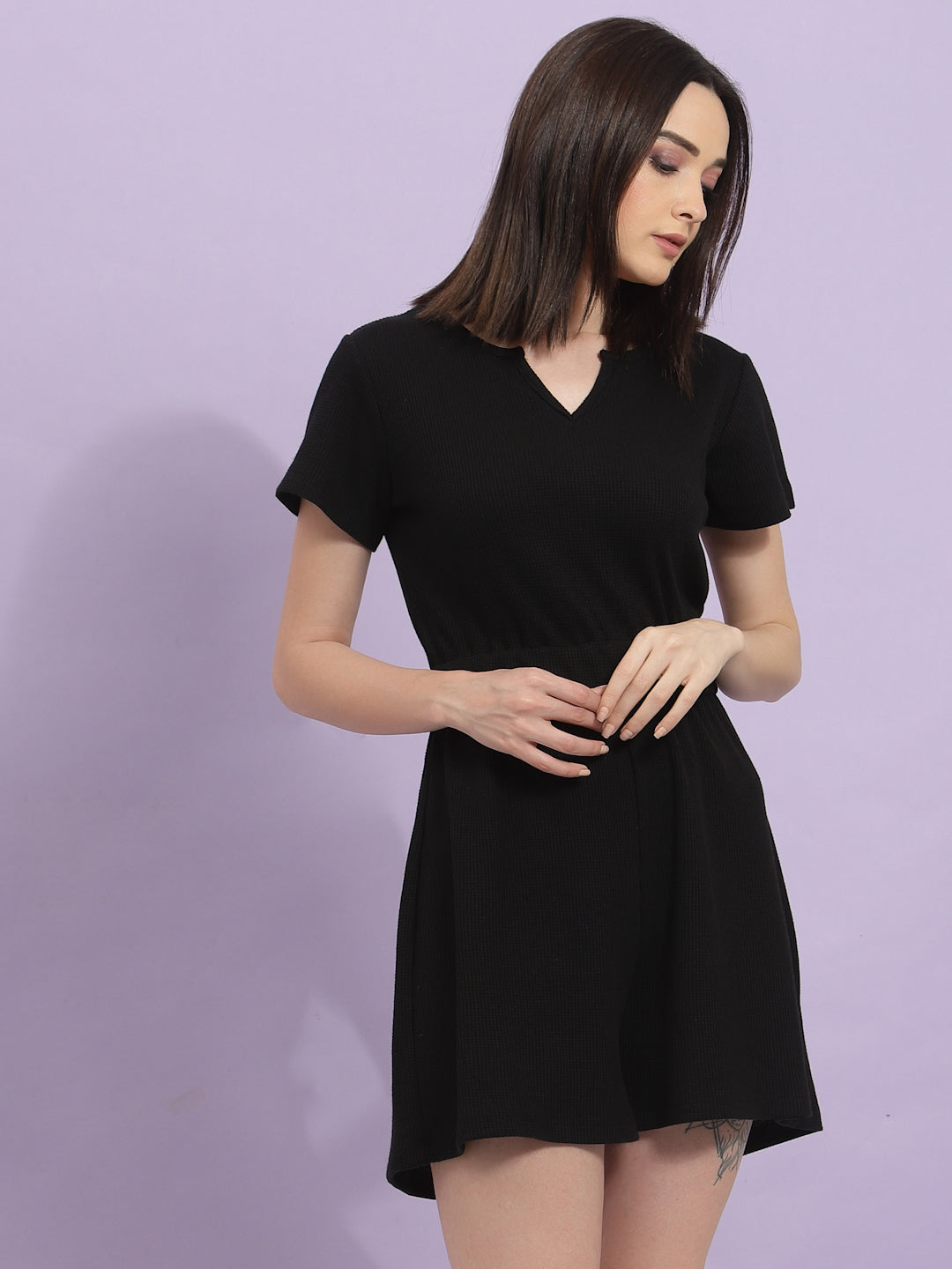 Women Black Waffle Knit Playsuit