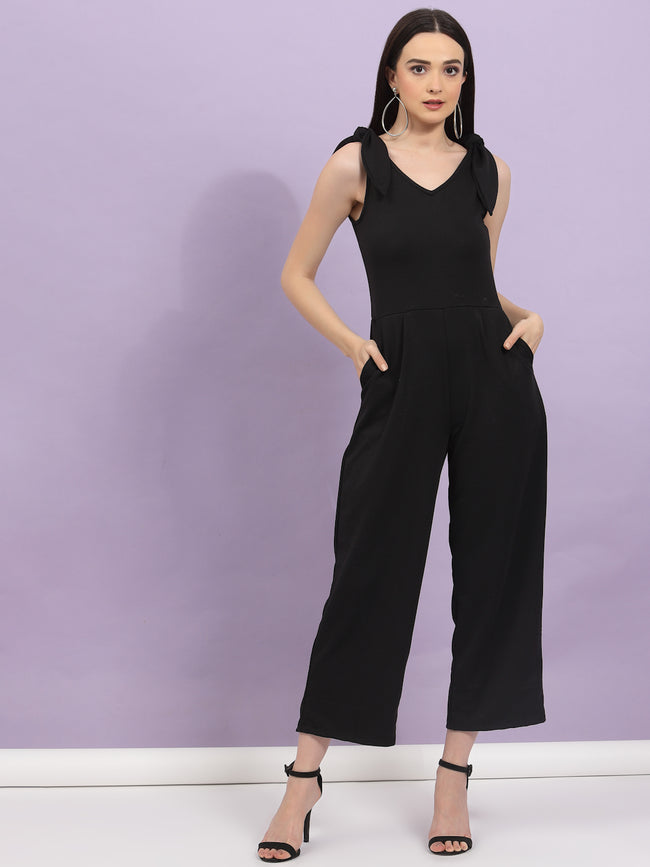 Women Black Poly Corduroy Jumpsuit