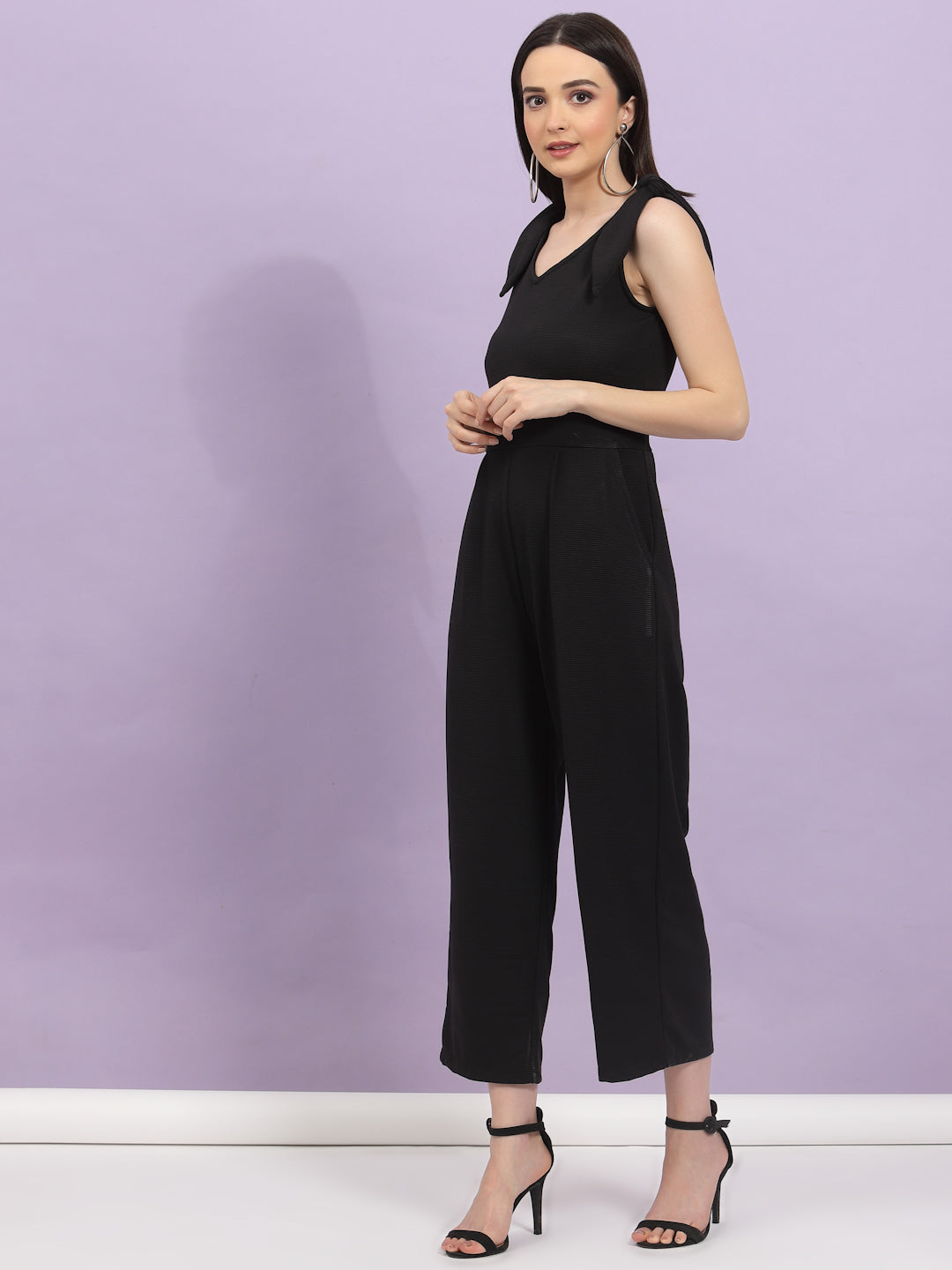Women Black Poly Corduroy Jumpsuit